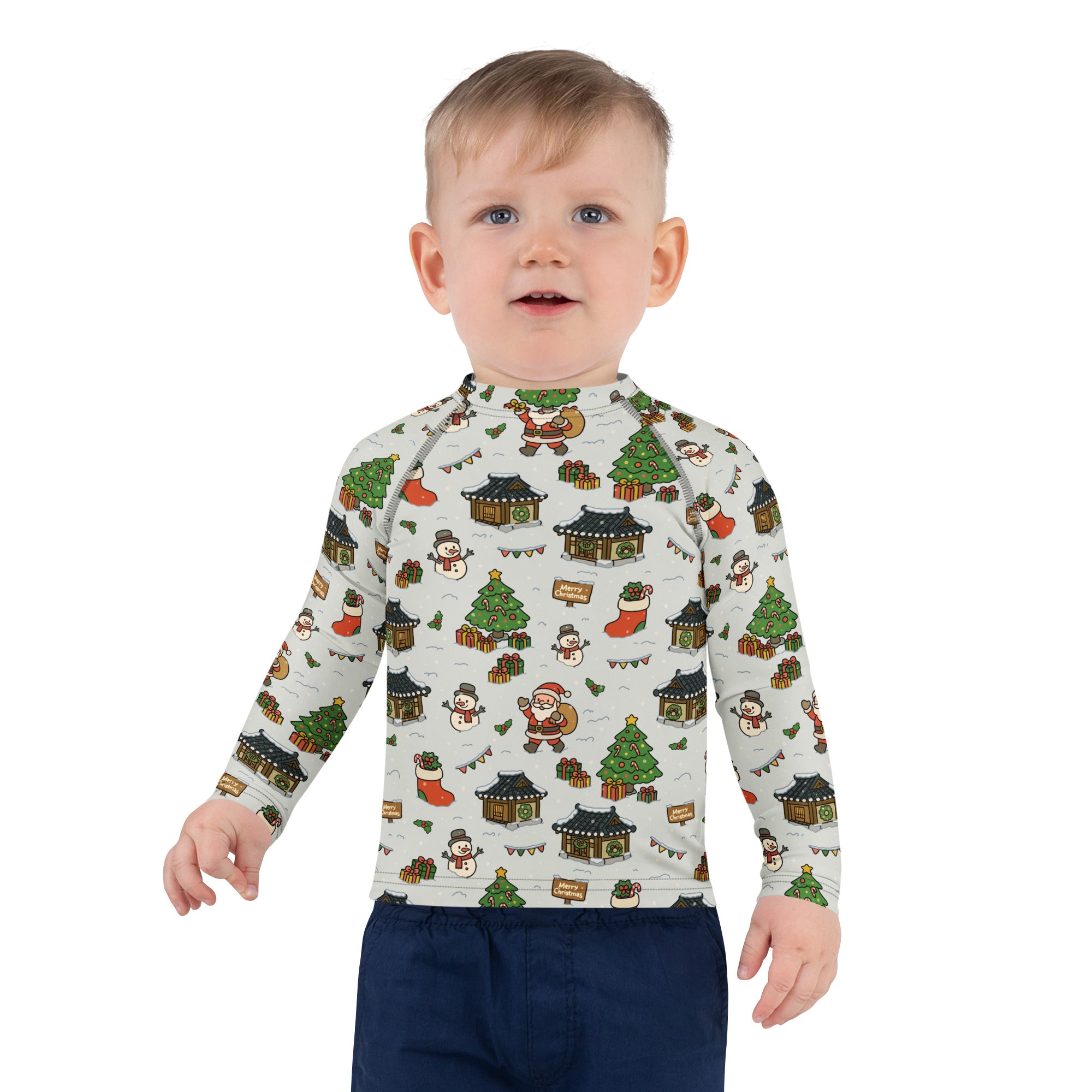 Kids Christmas Village Long Sleeve Rash Guard Swim Shirt – Buttery Soft, Sun Safe UPF 50+ Protection, Quick Dry & 4-Way Stretch Comfort