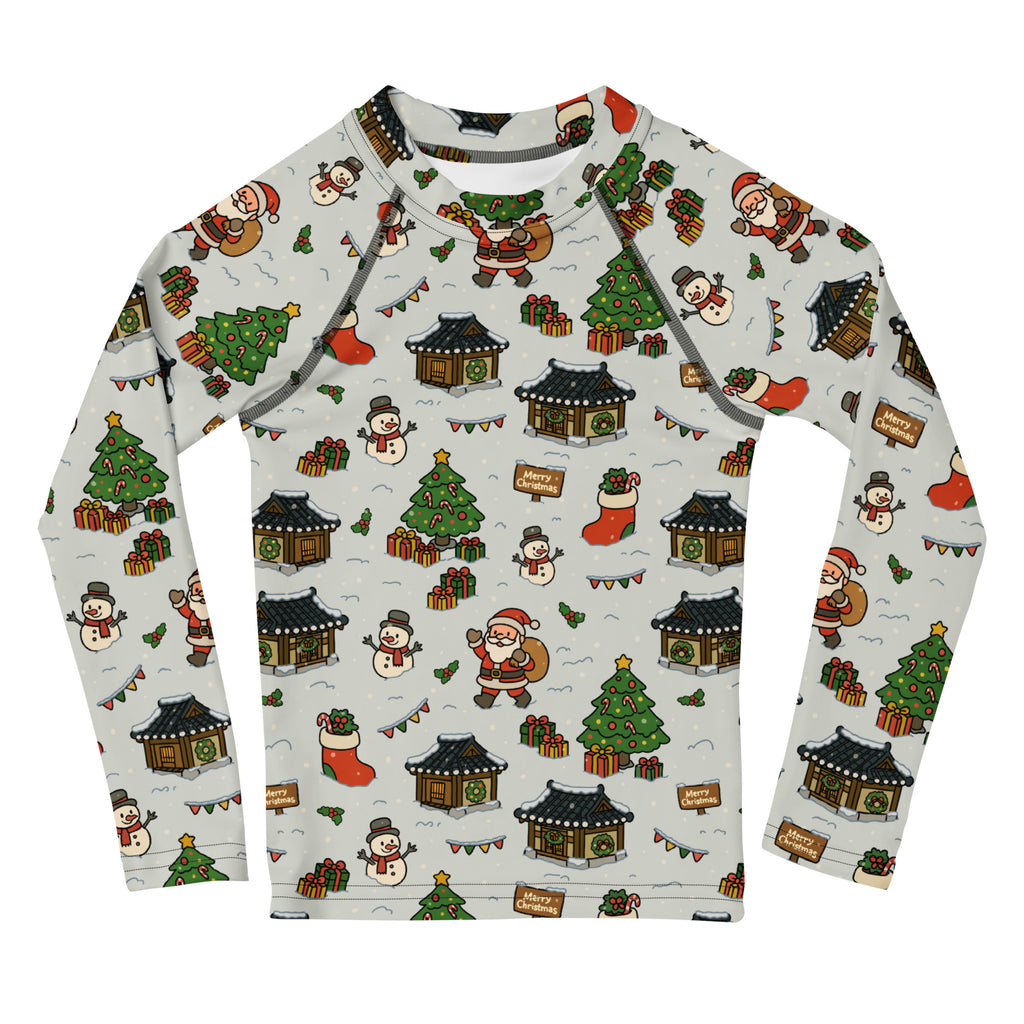 Kids Christmas Village Long Sleeve Rash Guard Swim Shirt – Buttery Soft, Sun Safe UPF 50+ Protection, Quick Dry & 4-Way Stretch Comfort