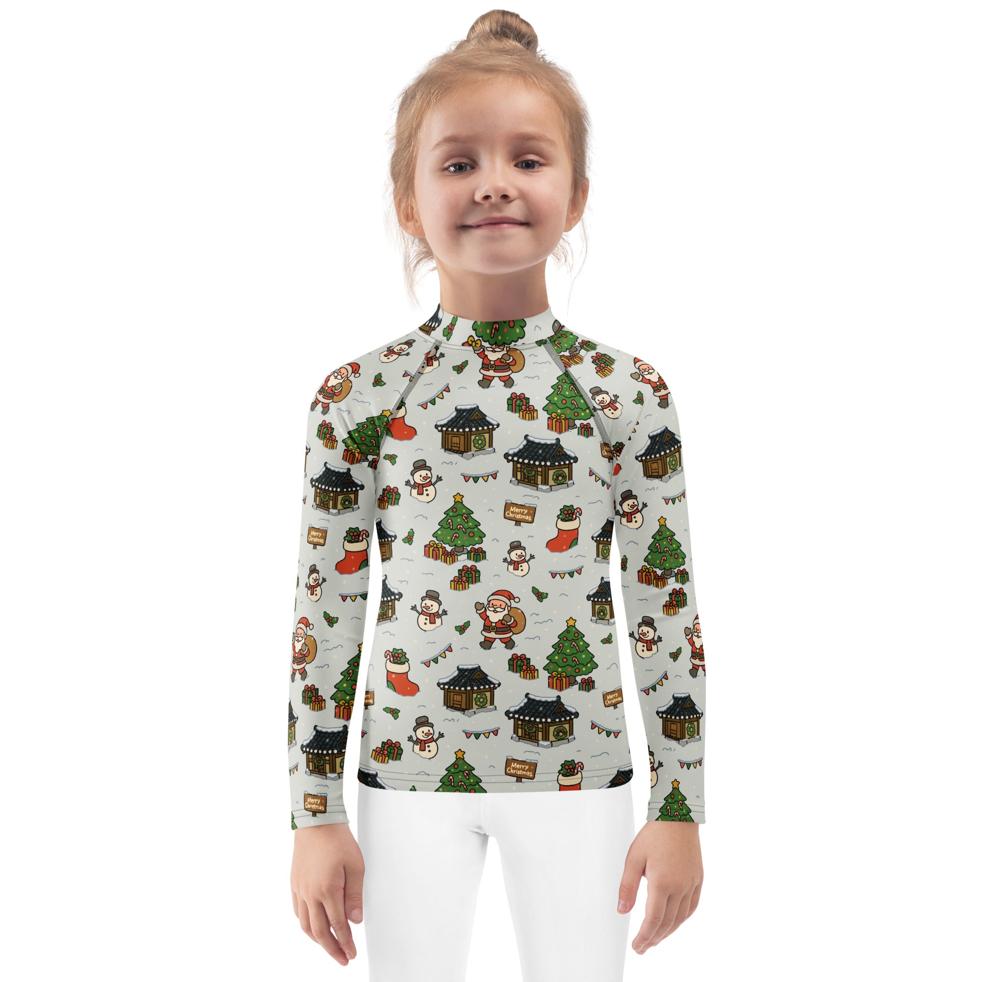 Kids Christmas Village Long Sleeve Rash Guard Swim Shirt – Buttery Soft, Sun Safe UPF 50+ Protection, Quick Dry & 4-Way Stretch Comfort