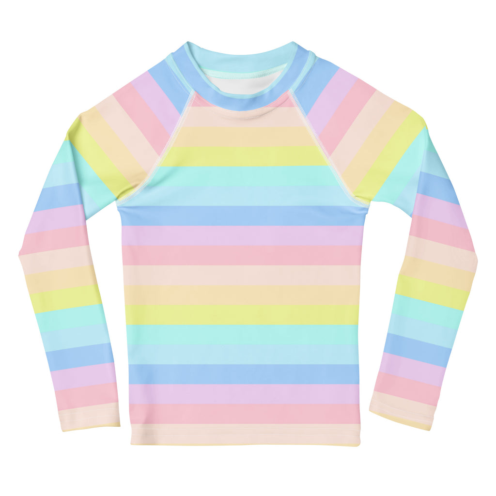 Girls Pastel Rainbow Stripe Long Sleeve Rash Guard Swim Shirt – Buttery Soft, Sun Safe UPF 50+ Protection, Quick Dry & 4-Way Stretch Comfort