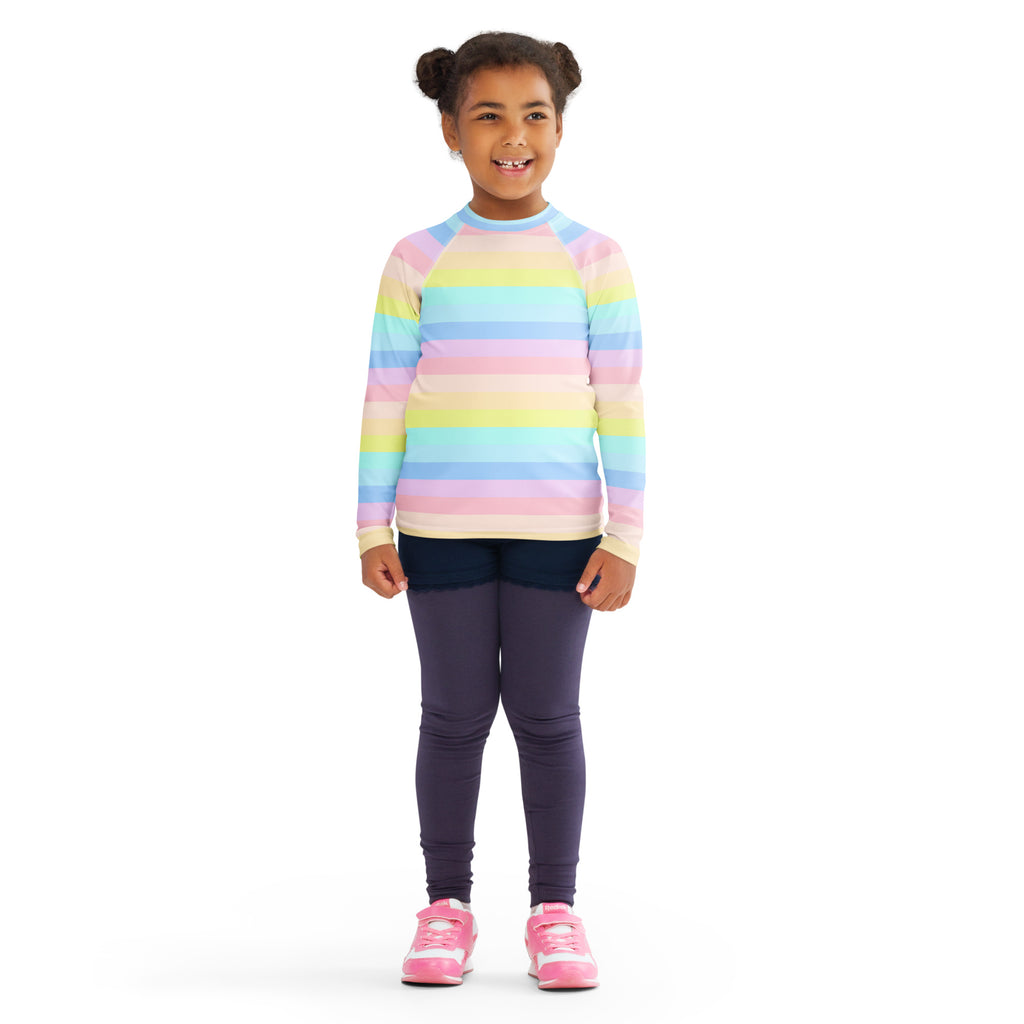 Girls Pastel Rainbow Stripe Long Sleeve Rash Guard Swim Shirt – Buttery Soft, Sun Safe UPF 50+ Protection, Quick Dry & 4-Way Stretch Comfort