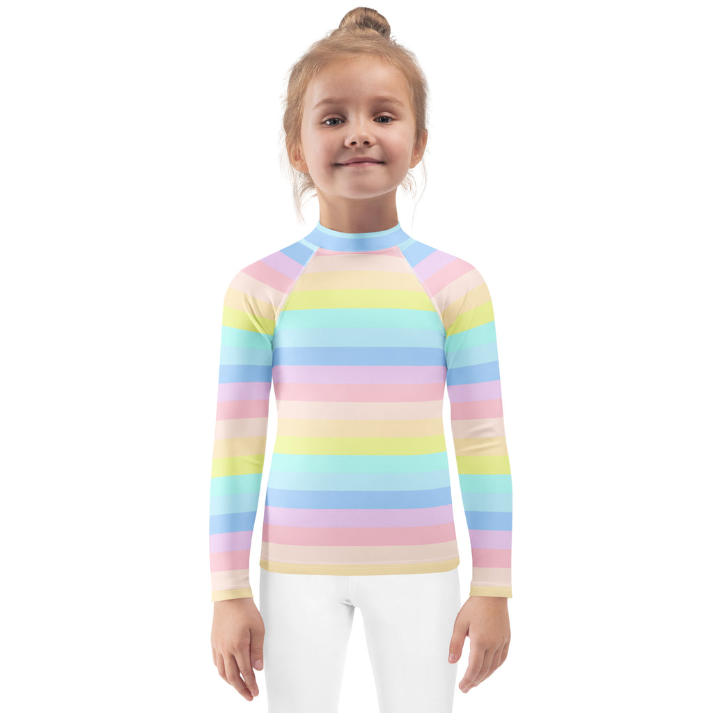 Girls Pastel Rainbow Stripe Long Sleeve Rash Guard Swim Shirt – Buttery Soft, Sun Safe UPF 50+ Protection, Quick Dry & 4-Way Stretch Comfort