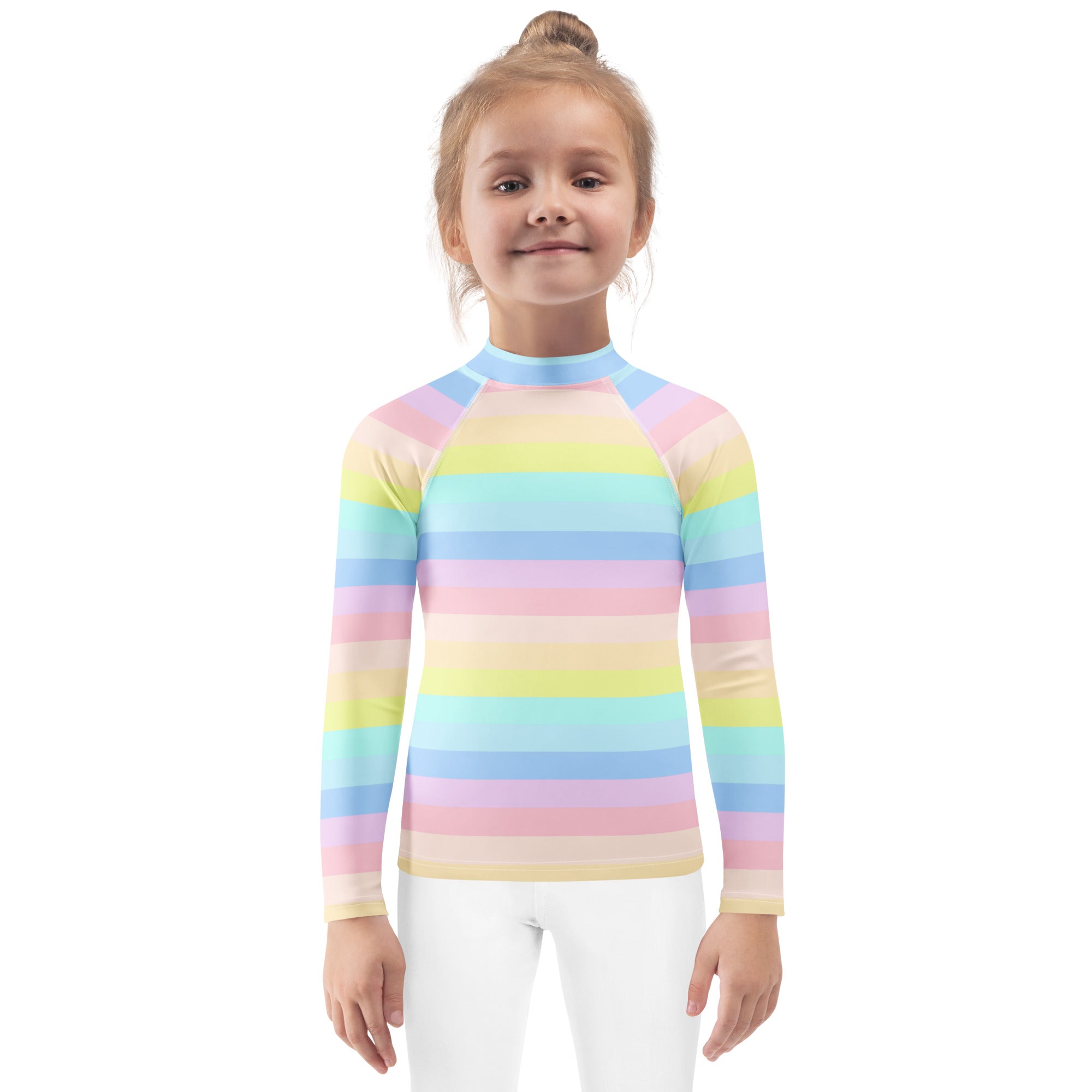 Girls Pastel Rainbow Stripe Long Sleeve Rash Guard Swim Shirt – Buttery Soft, Sun Safe UPF 50+ Protection, Quick Dry & 4-Way Stretch Comfort