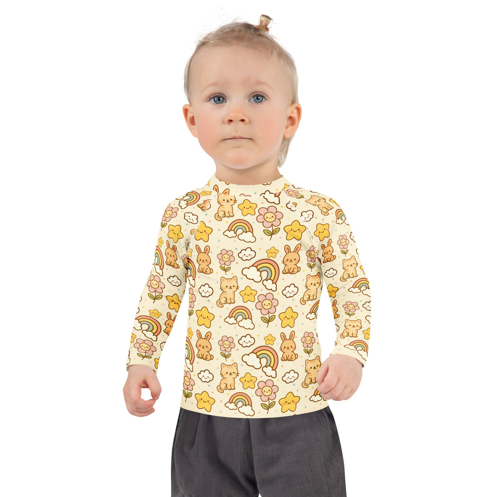 Kids Kawaii Rainbow Friends Long Sleeve Rash Guard Swim Shirt – Buttery Soft, Sun Safe UPF 50+ Protection, Quick Dry & 4-Way Stretch Comfort