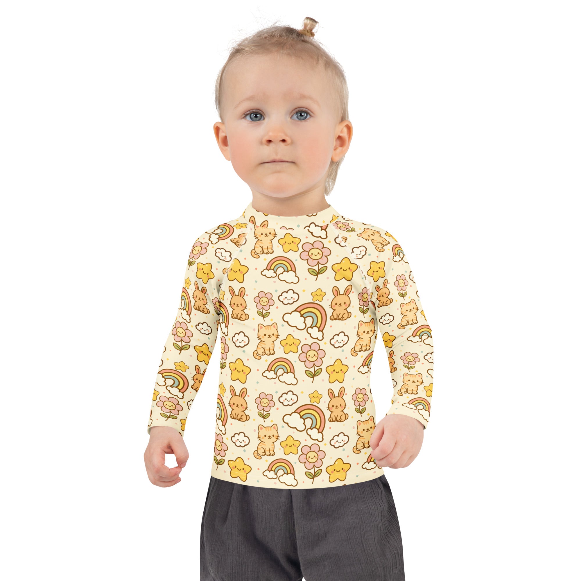 Kids Kawaii Rainbow Friends Long Sleeve Rash Guard Swim Shirt – Buttery Soft, Sun Safe UPF 50+ Protection, Quick Dry & 4-Way Stretch Comfort