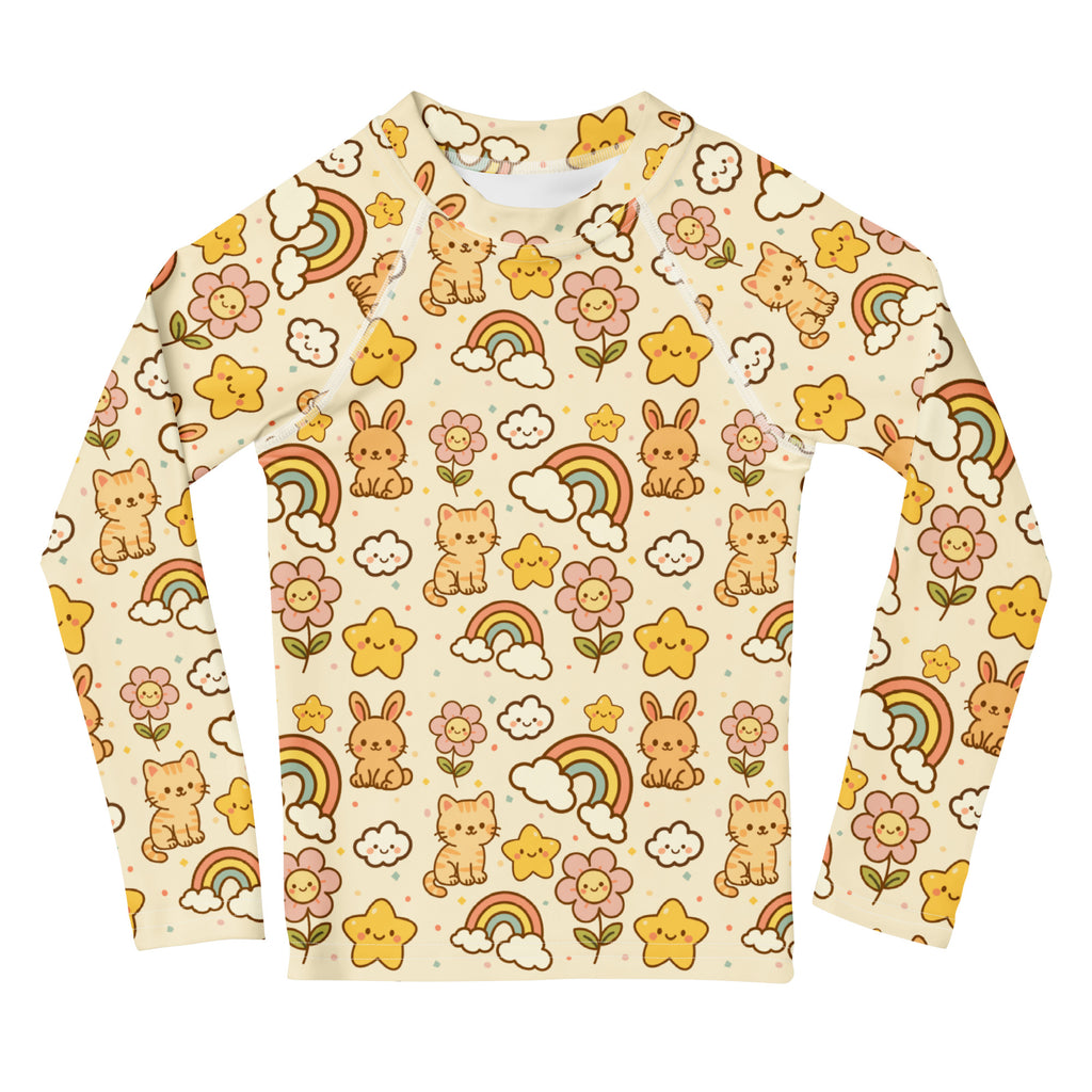 Kids Kawaii Rainbow Friends Long Sleeve Rash Guard Swim Shirt – Buttery Soft, Sun Safe UPF 50+ Protection, Quick Dry & 4-Way Stretch Comfort