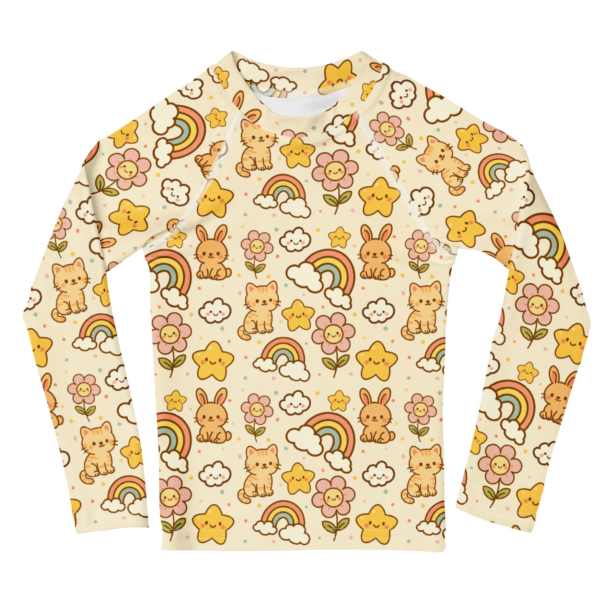 Kids Kawaii Rainbow Friends Long Sleeve Rash Guard Swim Shirt – Buttery Soft, Sun Safe UPF 50+ Protection, Quick Dry & 4-Way Stretch Comfort