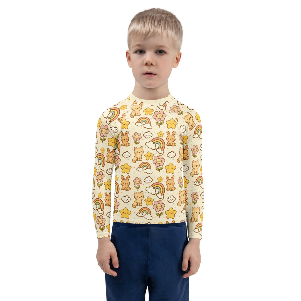Kids Kawaii Rainbow Friends Long Sleeve Rash Guard Swim Shirt – Buttery Soft, Sun Safe UPF 50+ Protection, Quick Dry & 4-Way Stretch Comfort