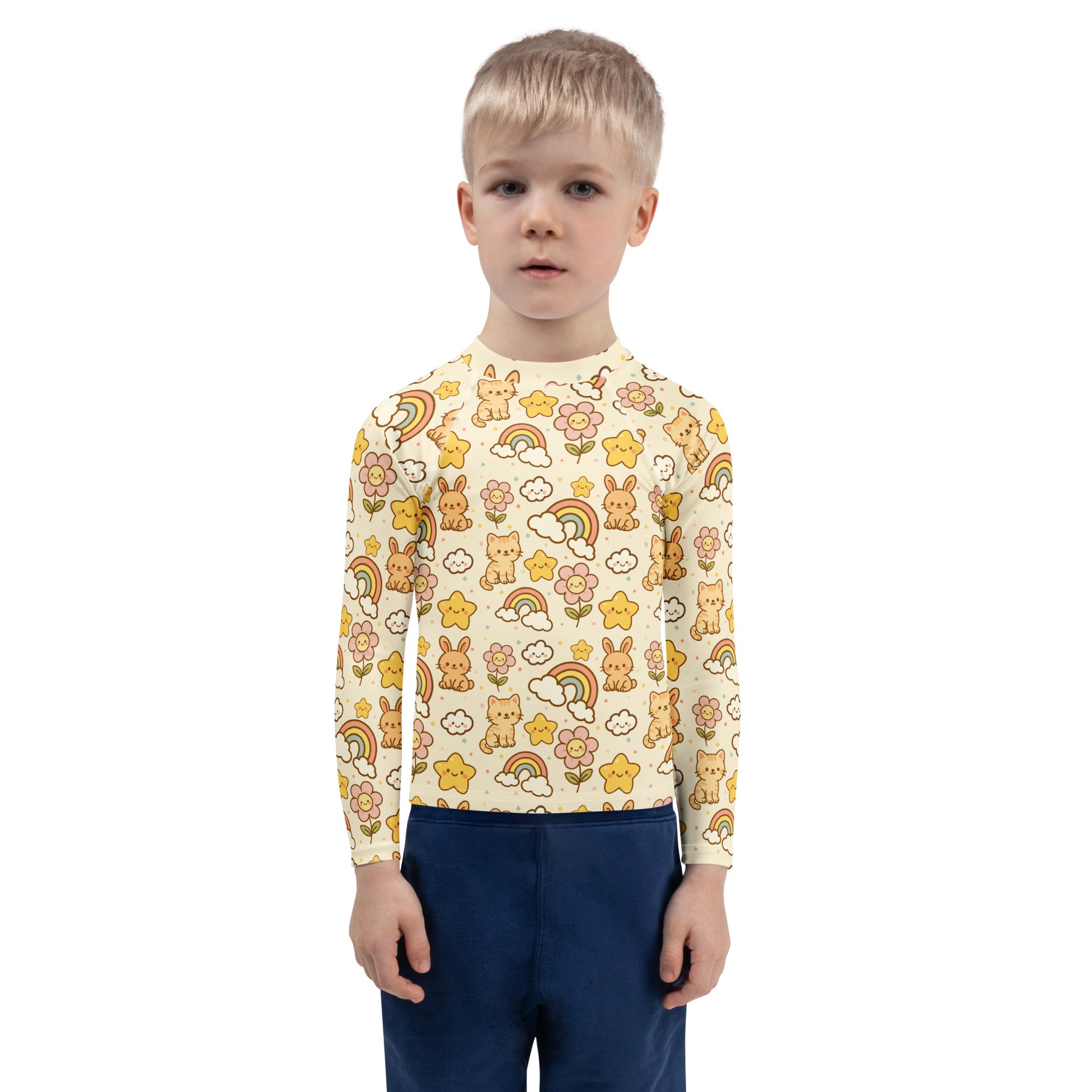 Kids Kawaii Rainbow Friends Long Sleeve Rash Guard Swim Shirt – Buttery Soft, Sun Safe UPF 50+ Protection, Quick Dry & 4-Way Stretch Comfort