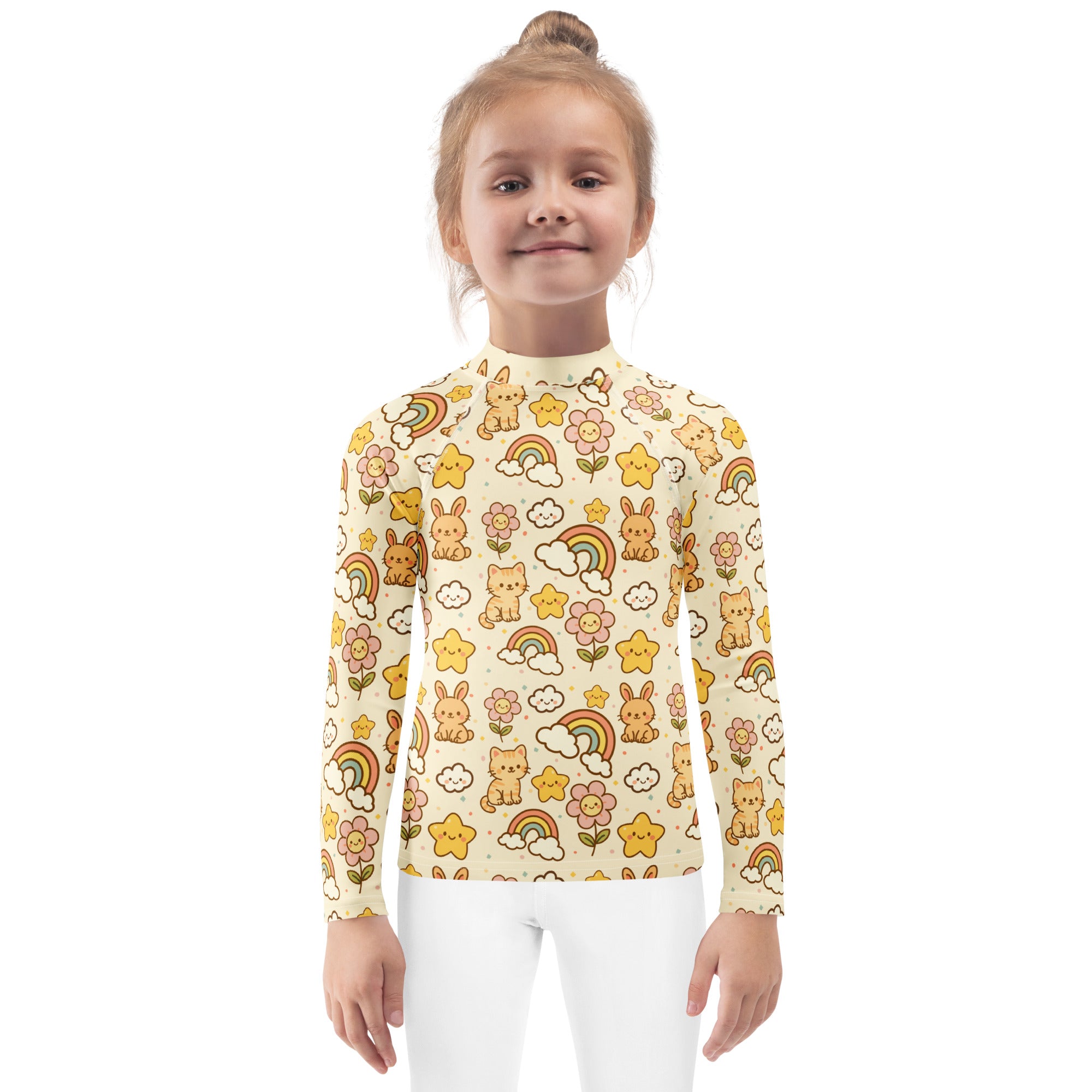 Kids Kawaii Rainbow Friends Long Sleeve Rash Guard Swim Shirt – Buttery Soft, Sun Safe UPF 50+ Protection, Quick Dry & 4-Way Stretch Comfort