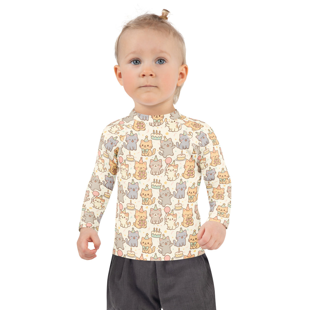 Kids Kitten Birthday Long Sleeve Rash Guard Swim Shirt – Buttery Soft, Sun Safe UPF 50+ Protection, Quick Dry & 4-Way Stretch Comfort