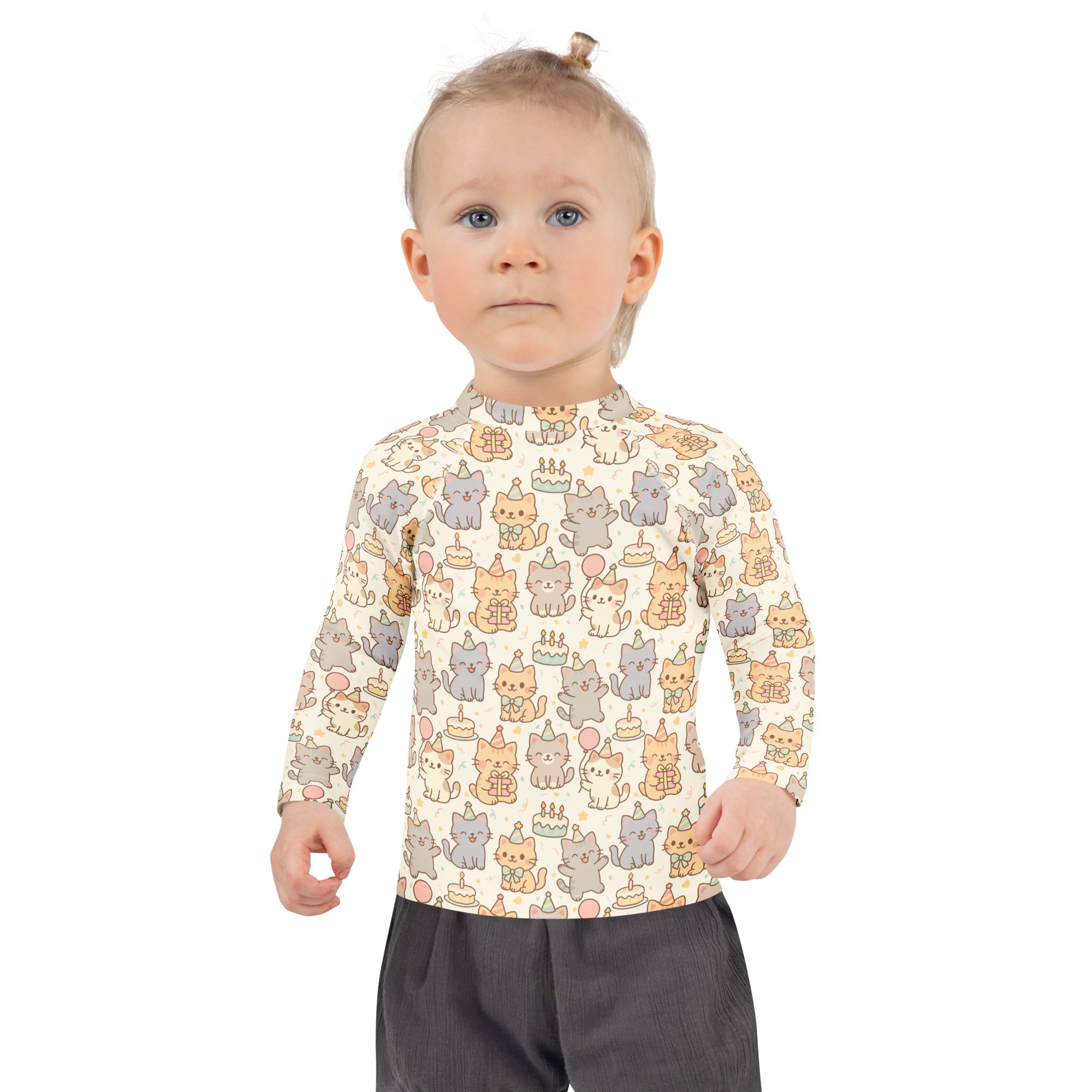 Kids Kitten Birthday Long Sleeve Rash Guard Swim Shirt – Buttery Soft, Sun Safe UPF 50+ Protection, Quick Dry & 4-Way Stretch Comfort
