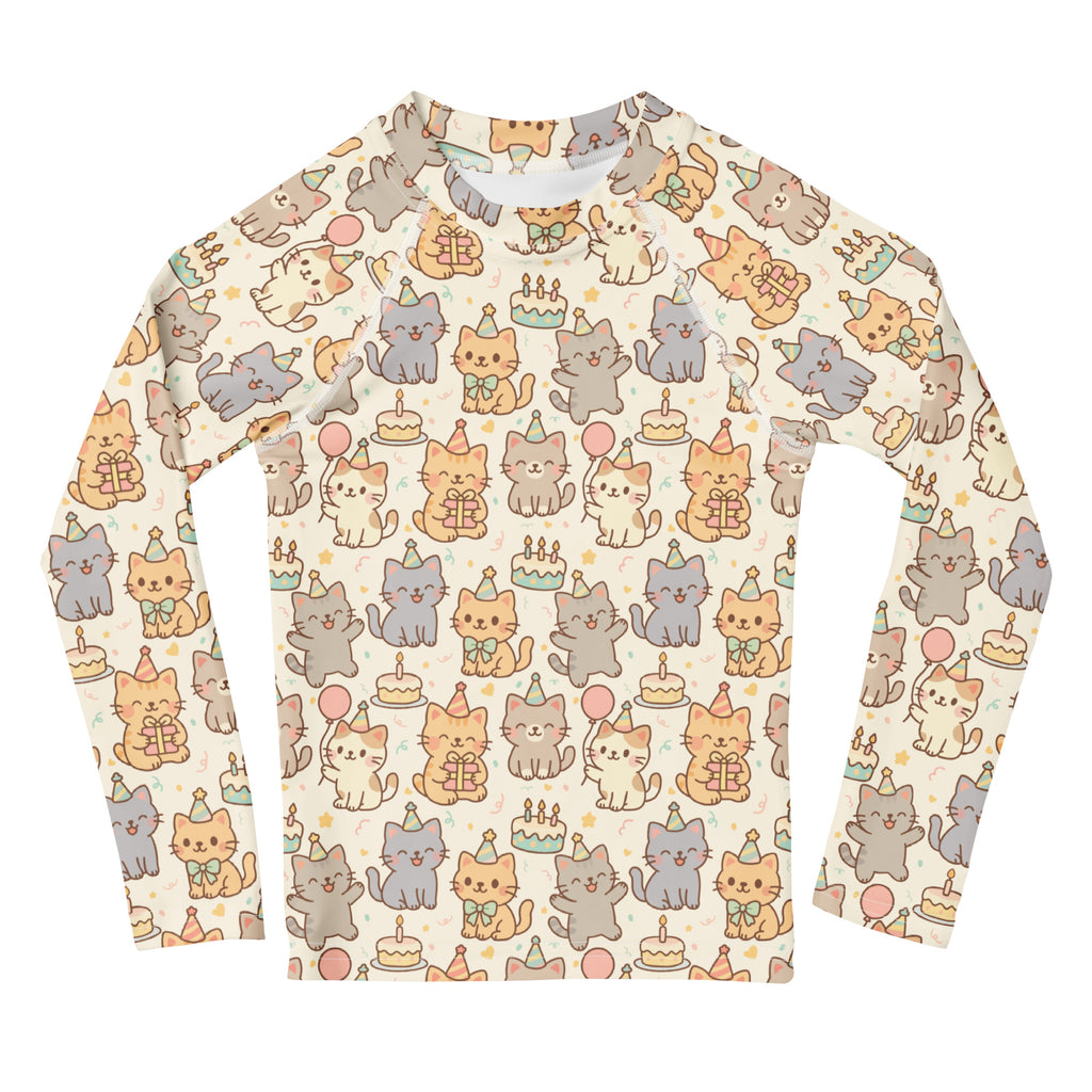 Kids Kitten Birthday Long Sleeve Rash Guard Swim Shirt – Buttery Soft, Sun Safe UPF 50+ Protection, Quick Dry & 4-Way Stretch Comfort