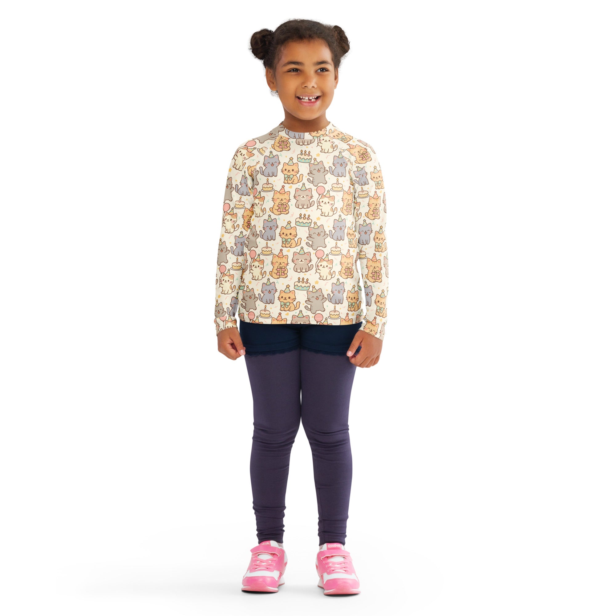 Kids Kitten Birthday Long Sleeve Rash Guard Swim Shirt – Buttery Soft, Sun Safe UPF 50+ Protection, Quick Dry & 4-Way Stretch Comfort