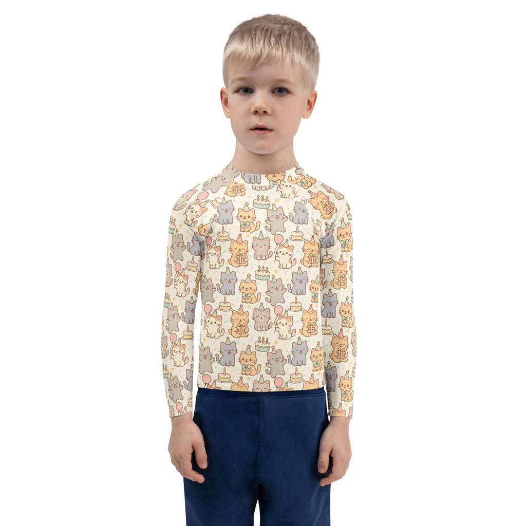 Kids Kitten Birthday Long Sleeve Rash Guard Swim Shirt – Buttery Soft, Sun Safe UPF 50+ Protection, Quick Dry & 4-Way Stretch Comfort