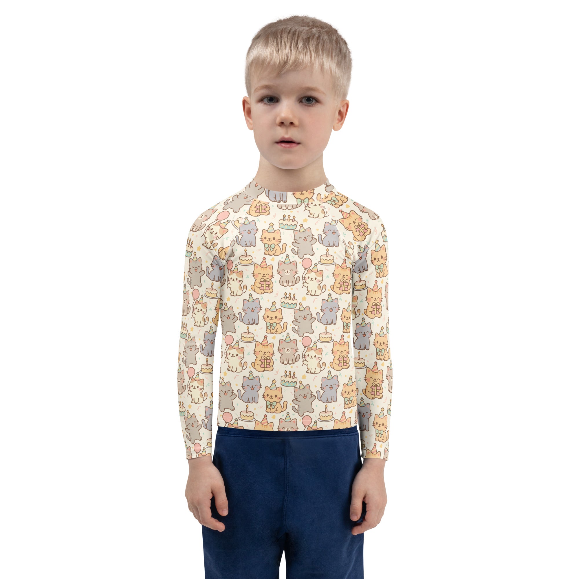Kids Kitten Birthday Long Sleeve Rash Guard Swim Shirt – Buttery Soft, Sun Safe UPF 50+ Protection, Quick Dry & 4-Way Stretch Comfort