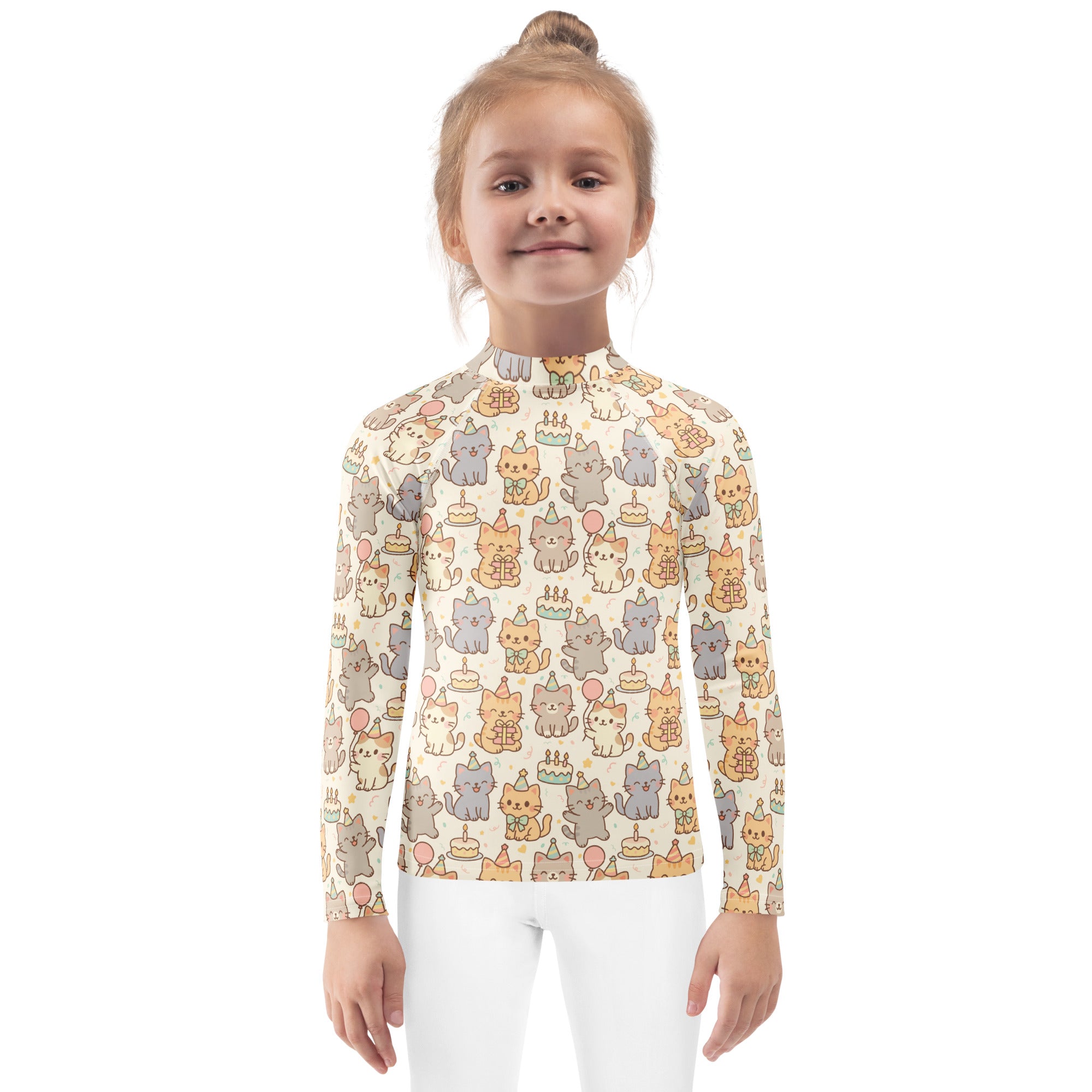 Kids Kitten Birthday Long Sleeve Rash Guard Swim Shirt – Buttery Soft, Sun Safe UPF 50+ Protection, Quick Dry & 4-Way Stretch Comfort