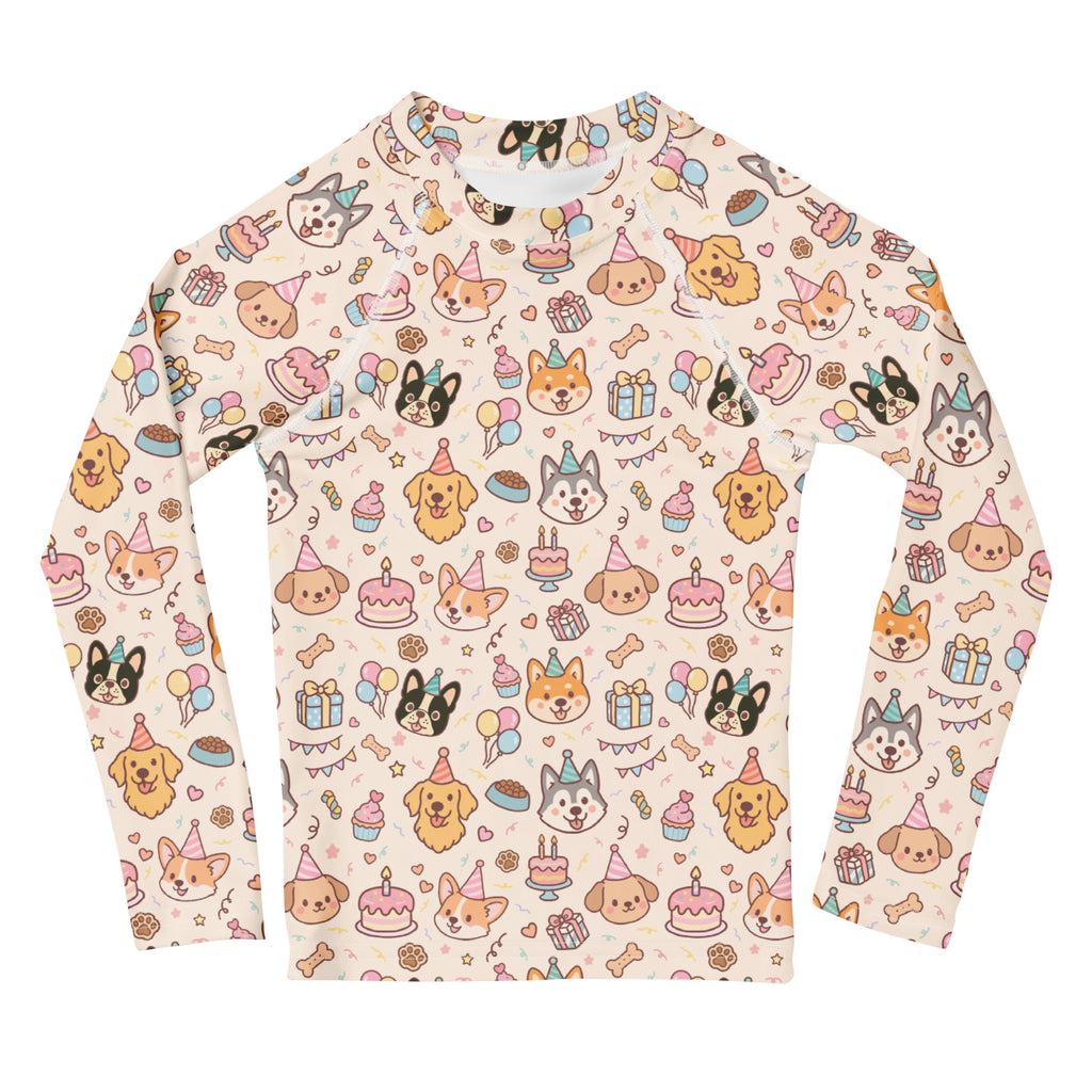 Kids Puppy Birthday Long Sleeve Rash Guard Swim Shirt – Buttery Soft, Sun Safe UPF 50+ Protection, Quick Dry & 4-Way Stretch Comfort