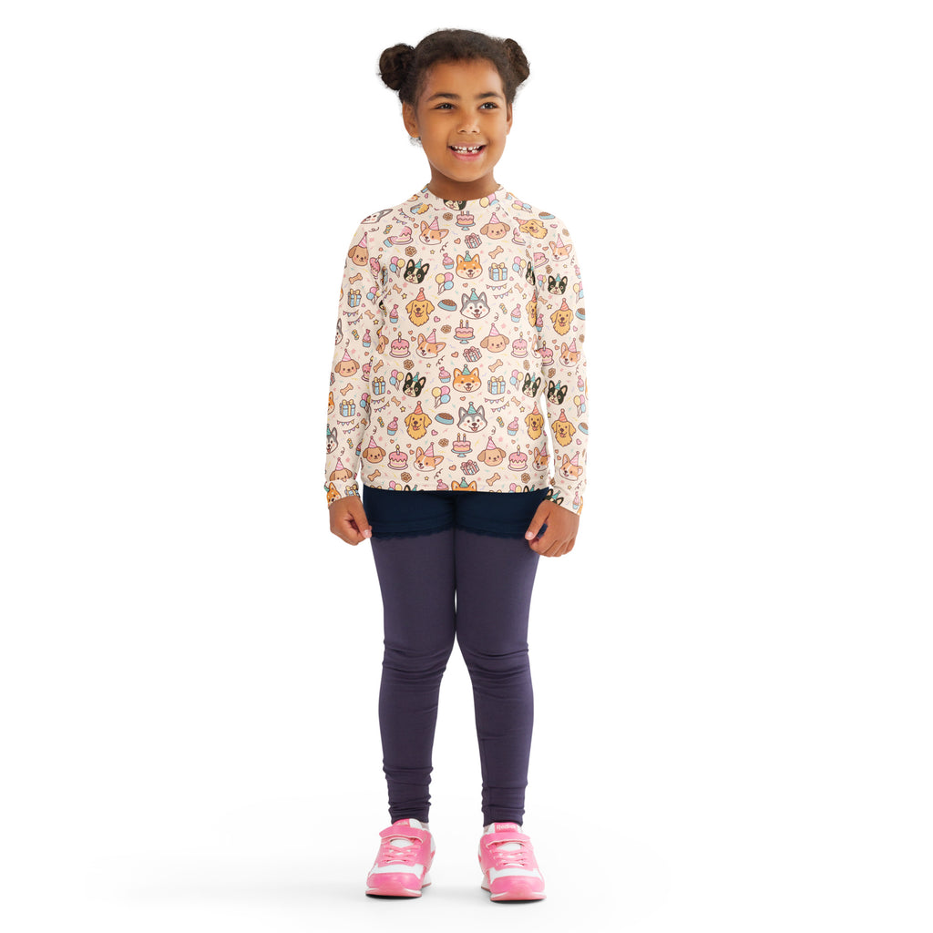 Kids Puppy Birthday Long Sleeve Rash Guard Swim Shirt – Buttery Soft, Sun Safe UPF 50+ Protection, Quick Dry & 4-Way Stretch Comfort