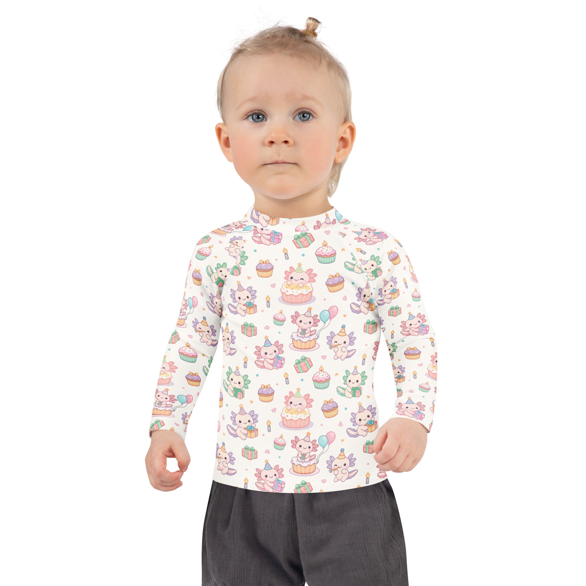 Kids Axolotl Birthday Long Sleeve Rash Guard Swim Shirt – Buttery Soft, Sun Safe UPF 50+ Protection, Quick Dry & 4-Way Stretch Comfort