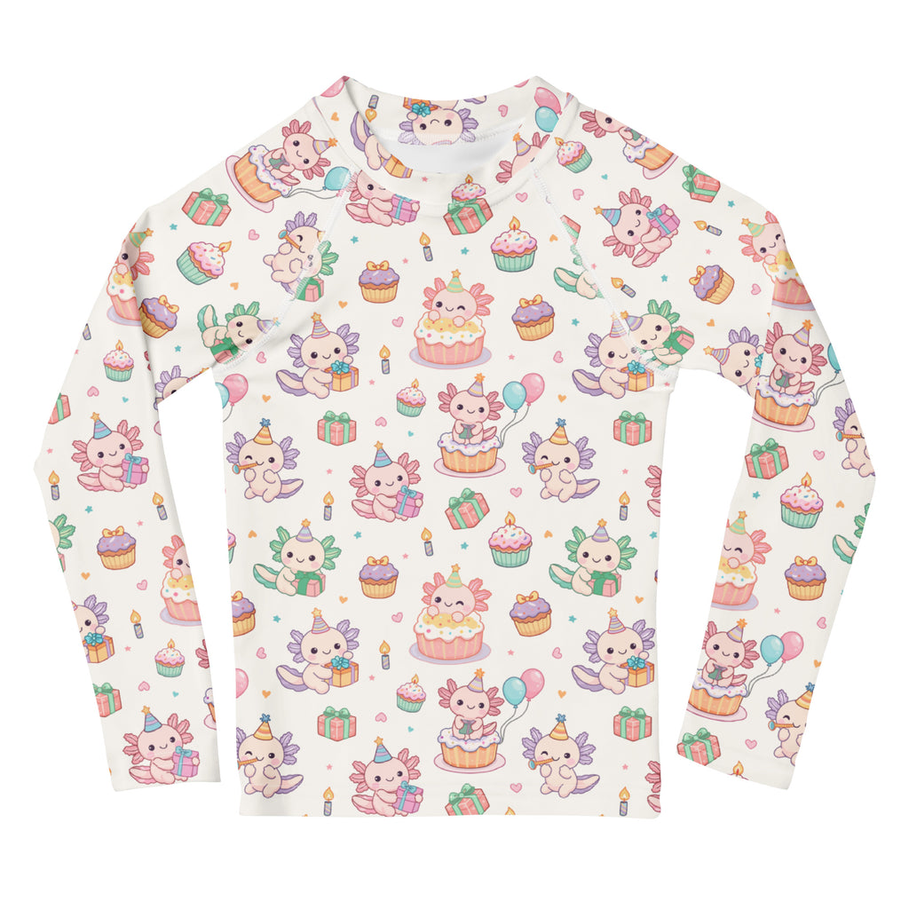Kids Axolotl Birthday Long Sleeve Rash Guard Swim Shirt – Buttery Soft, Sun Safe UPF 50+ Protection, Quick Dry & 4-Way Stretch Comfort