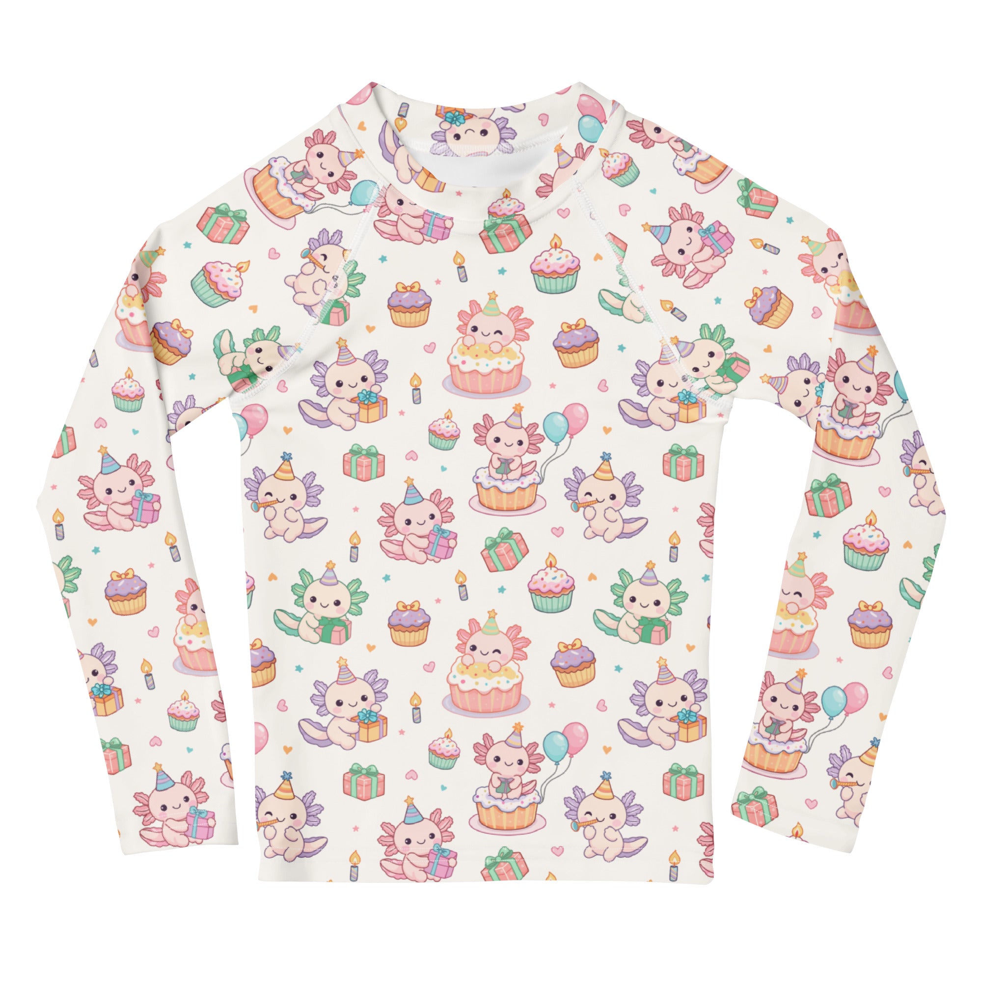 Kids Axolotl Birthday Long Sleeve Rash Guard Swim Shirt – Buttery Soft, Sun Safe UPF 50+ Protection, Quick Dry & 4-Way Stretch Comfort
