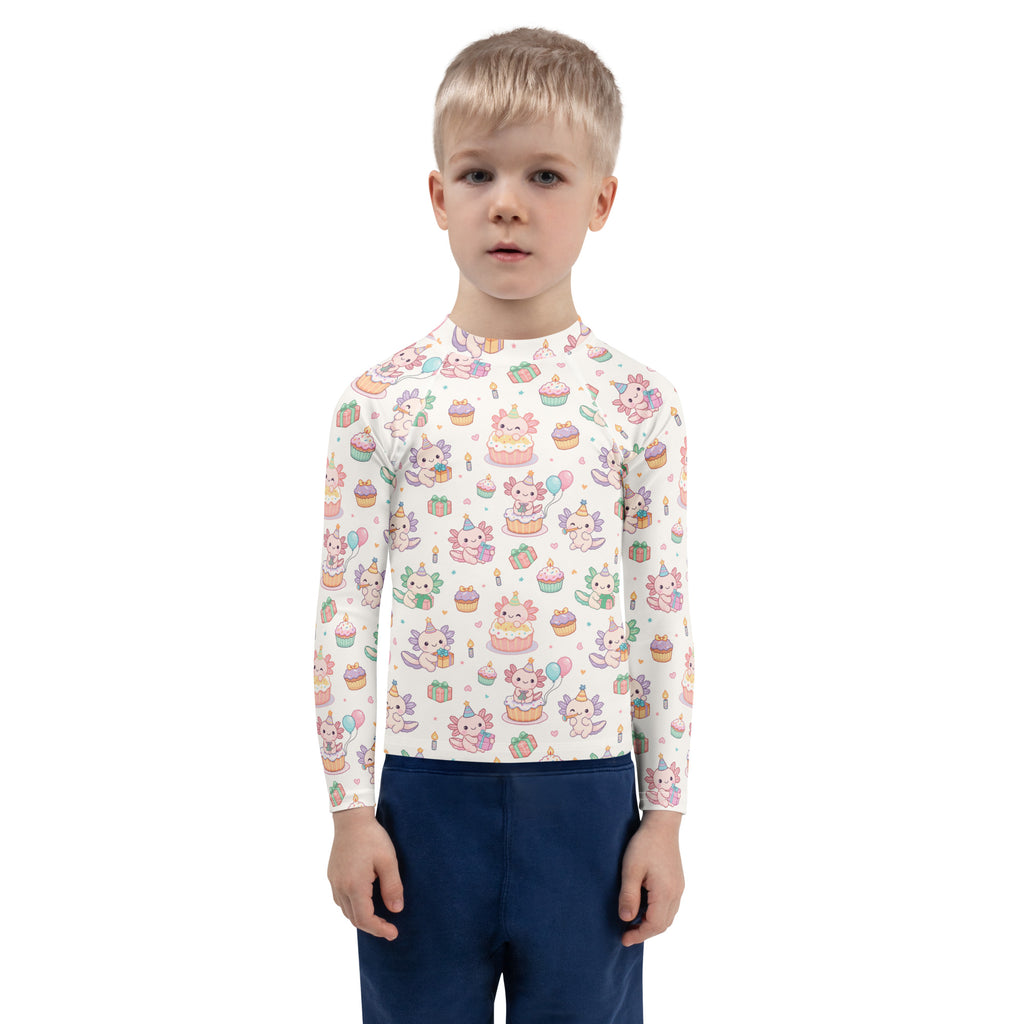 Kids Axolotl Birthday Long Sleeve Rash Guard Swim Shirt – Buttery Soft, Sun Safe UPF 50+ Protection, Quick Dry & 4-Way Stretch Comfort