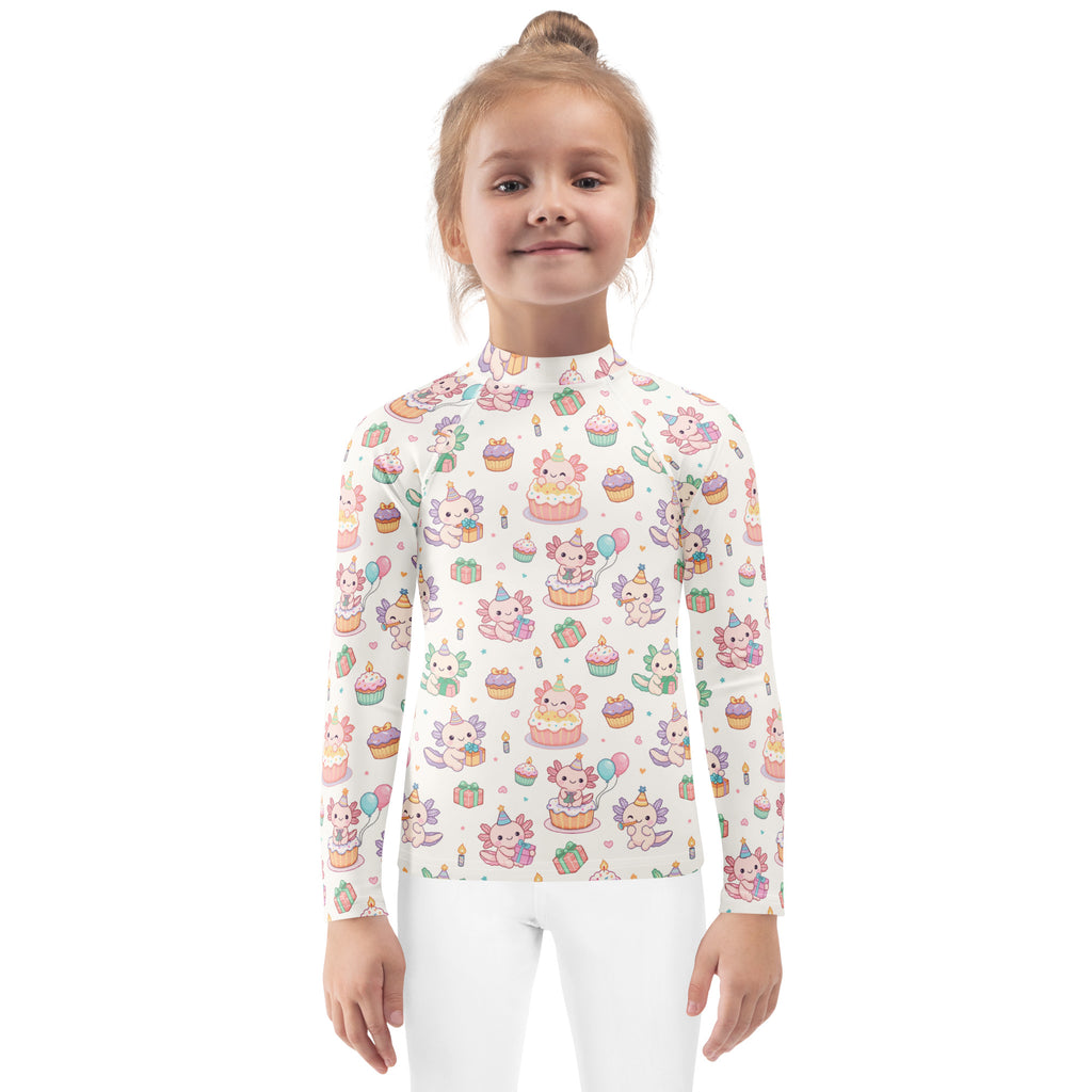 Kids Axolotl Birthday Long Sleeve Rash Guard Swim Shirt – Buttery Soft, Sun Safe UPF 50+ Protection, Quick Dry & 4-Way Stretch Comfort