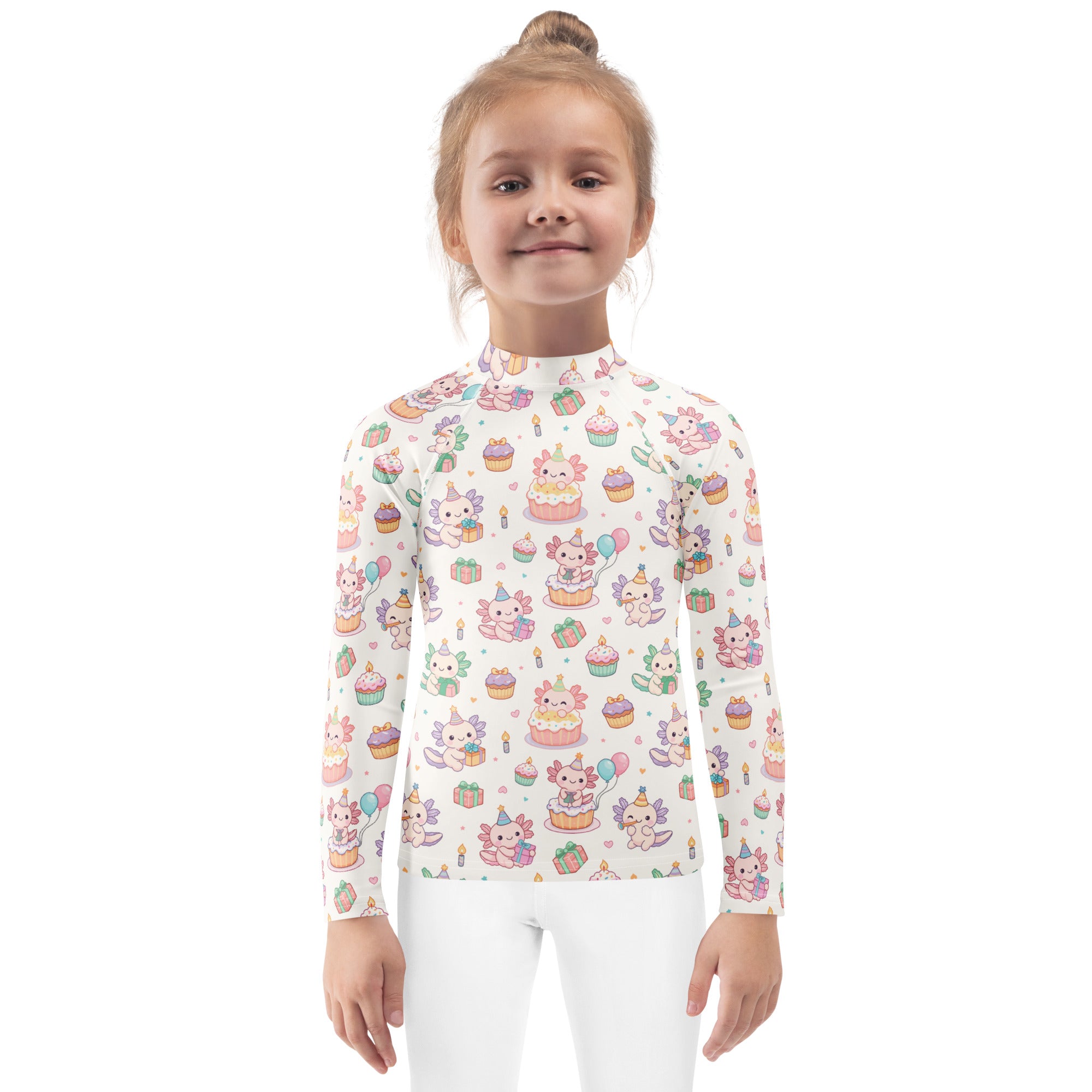 Kids Axolotl Birthday Long Sleeve Rash Guard Swim Shirt – Buttery Soft, Sun Safe UPF 50+ Protection, Quick Dry & 4-Way Stretch Comfort