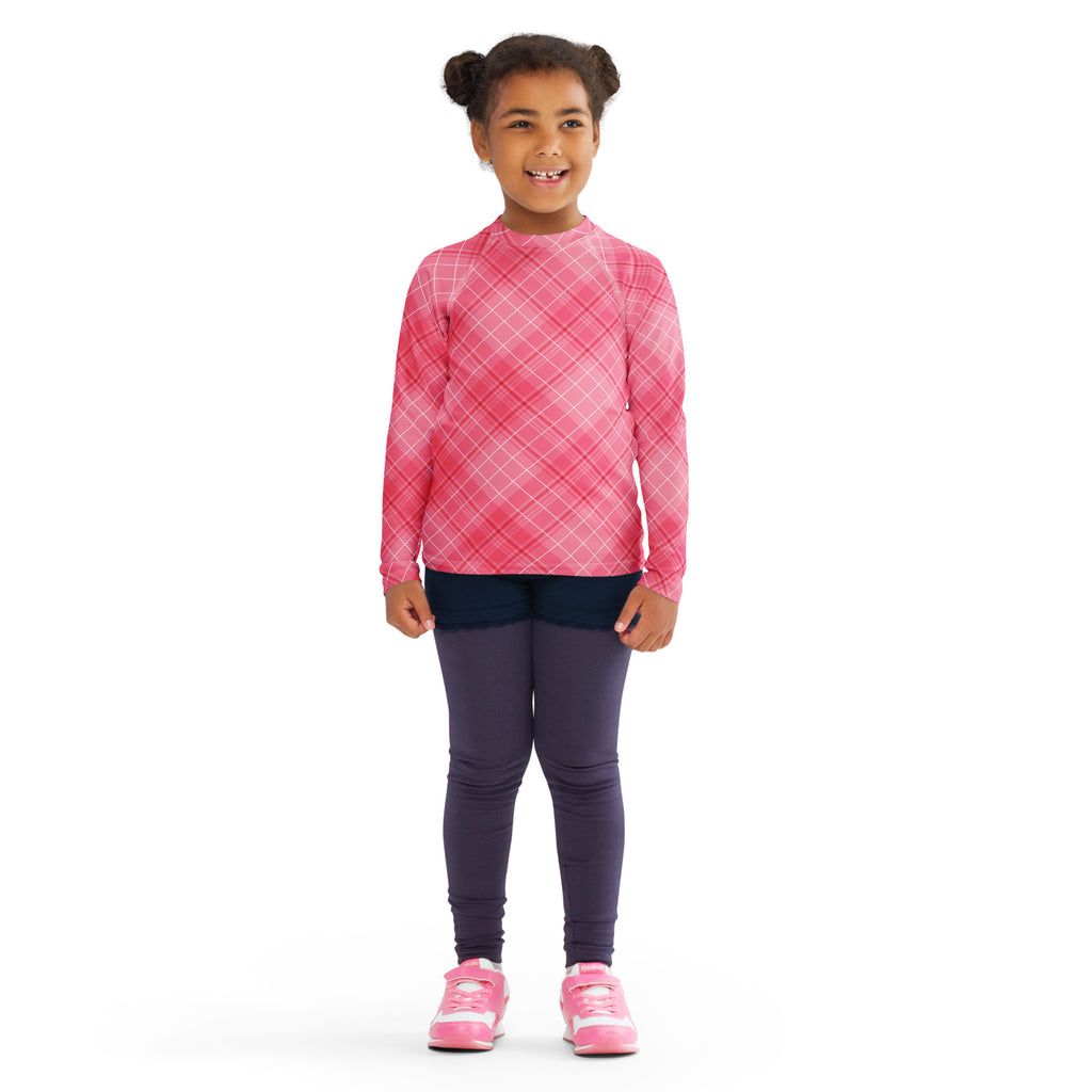 Girls Valentine’s Day Pink Plaid Long Sleeve Rash Guard Swim Shirt – Buttery Soft, Sun Safe UPF 50+ Protection, Quick Dry & 4-Way Stretch Comfort