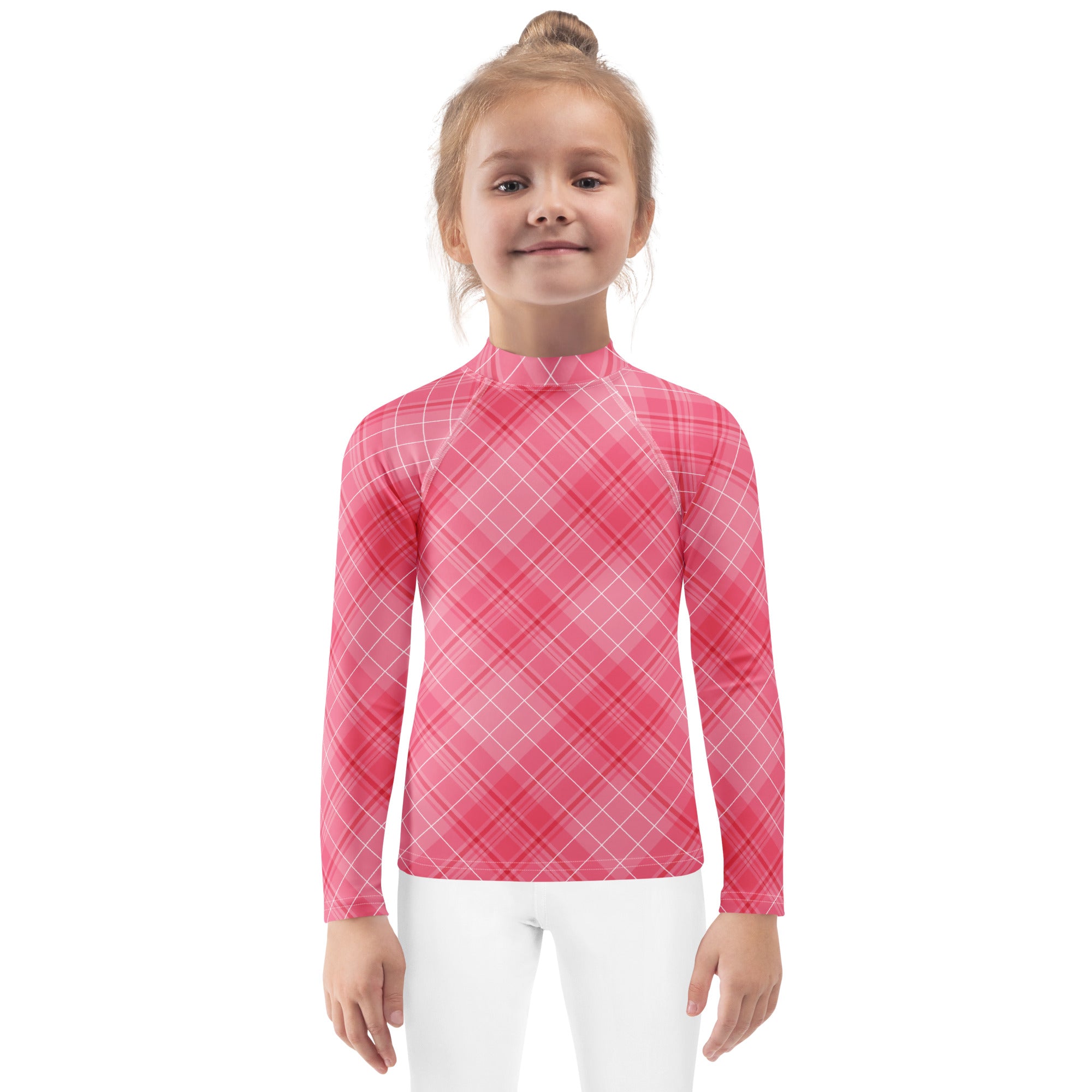 Girls Valentine’s Day Pink Plaid Long Sleeve Rash Guard Swim Shirt – Buttery Soft, Sun Safe UPF 50+ Protection, Quick Dry & 4-Way Stretch Comfort