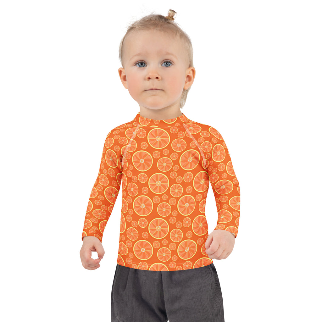 Kids Orange Citrus Long Sleeve Rash Guard Swim Shirt – Buttery Soft, Sun Safe UPF 50+ Protection, Quick Dry & 4-Way Stretch Comfort