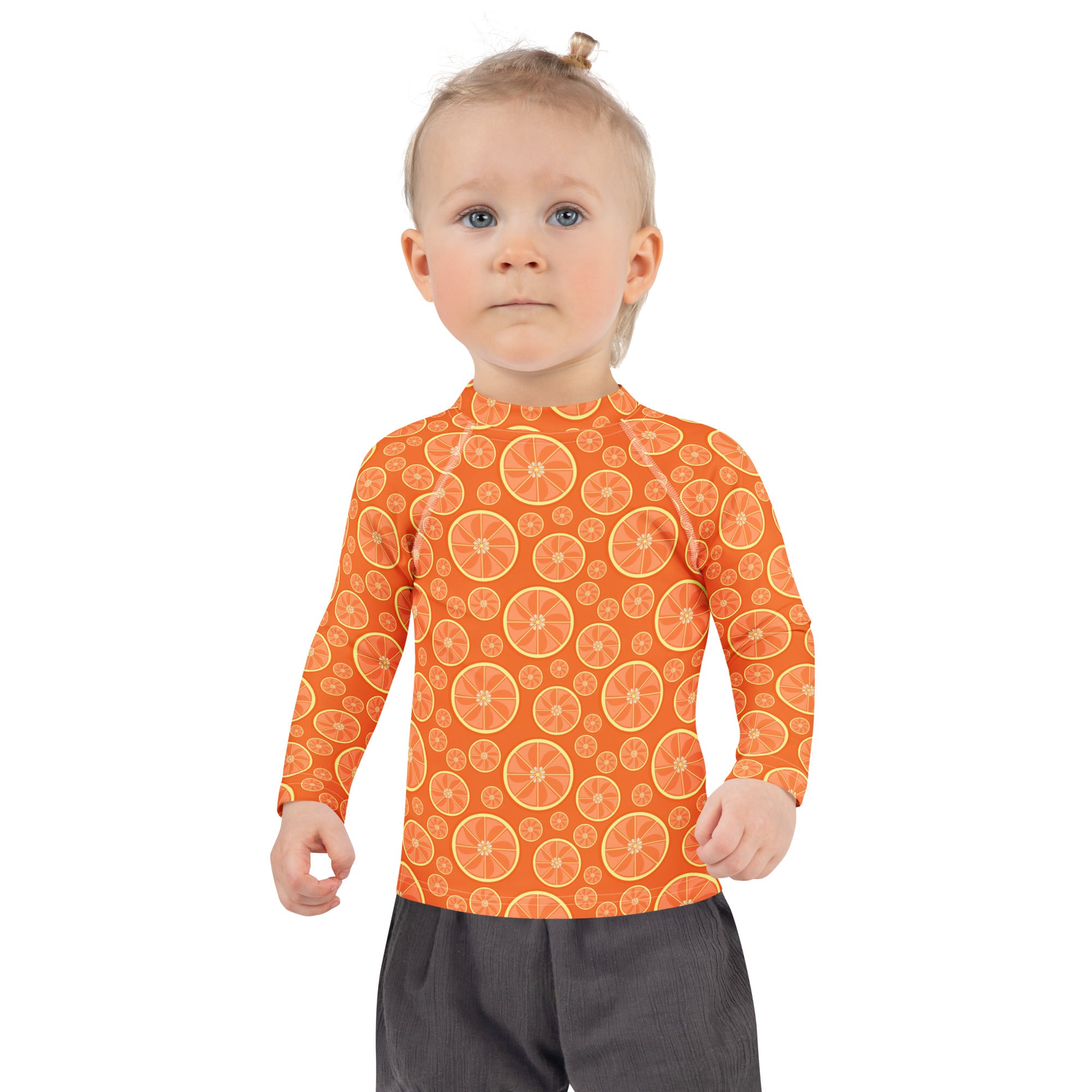 Kids Orange Citrus Long Sleeve Rash Guard Swim Shirt – Buttery Soft, Sun Safe UPF 50+ Protection, Quick Dry & 4-Way Stretch Comfort