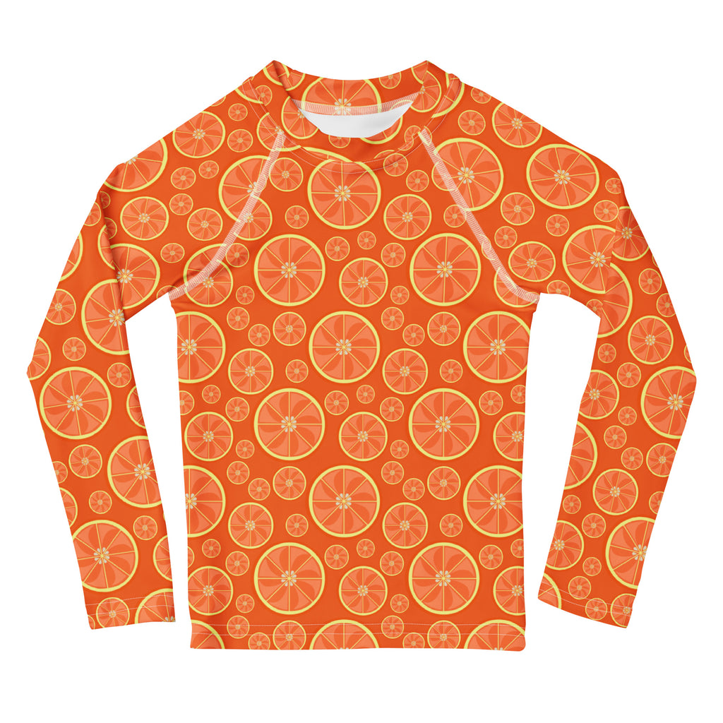 Kids Orange Citrus Long Sleeve Rash Guard Swim Shirt – Buttery Soft, Sun Safe UPF 50+ Protection, Quick Dry & 4-Way Stretch Comfort