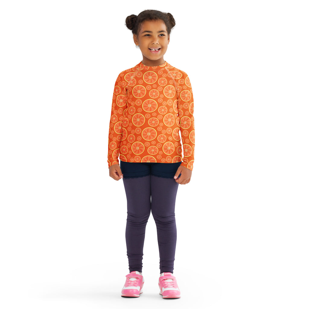 Kids Orange Citrus Long Sleeve Rash Guard Swim Shirt – Buttery Soft, Sun Safe UPF 50+ Protection, Quick Dry & 4-Way Stretch Comfort