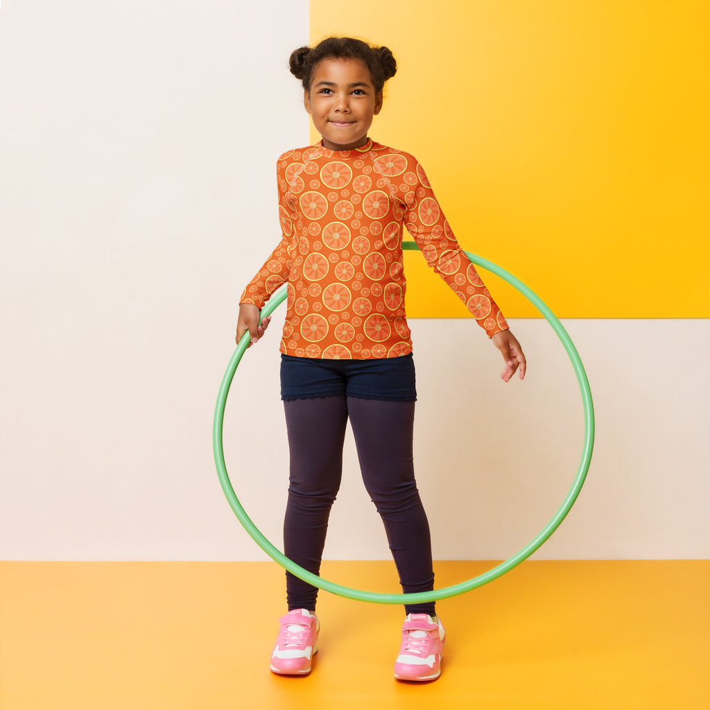 Kids Orange Citrus Long Sleeve Rash Guard Swim Shirt – Buttery Soft, Sun Safe UPF 50+ Protection, Quick Dry & 4-Way Stretch Comfort