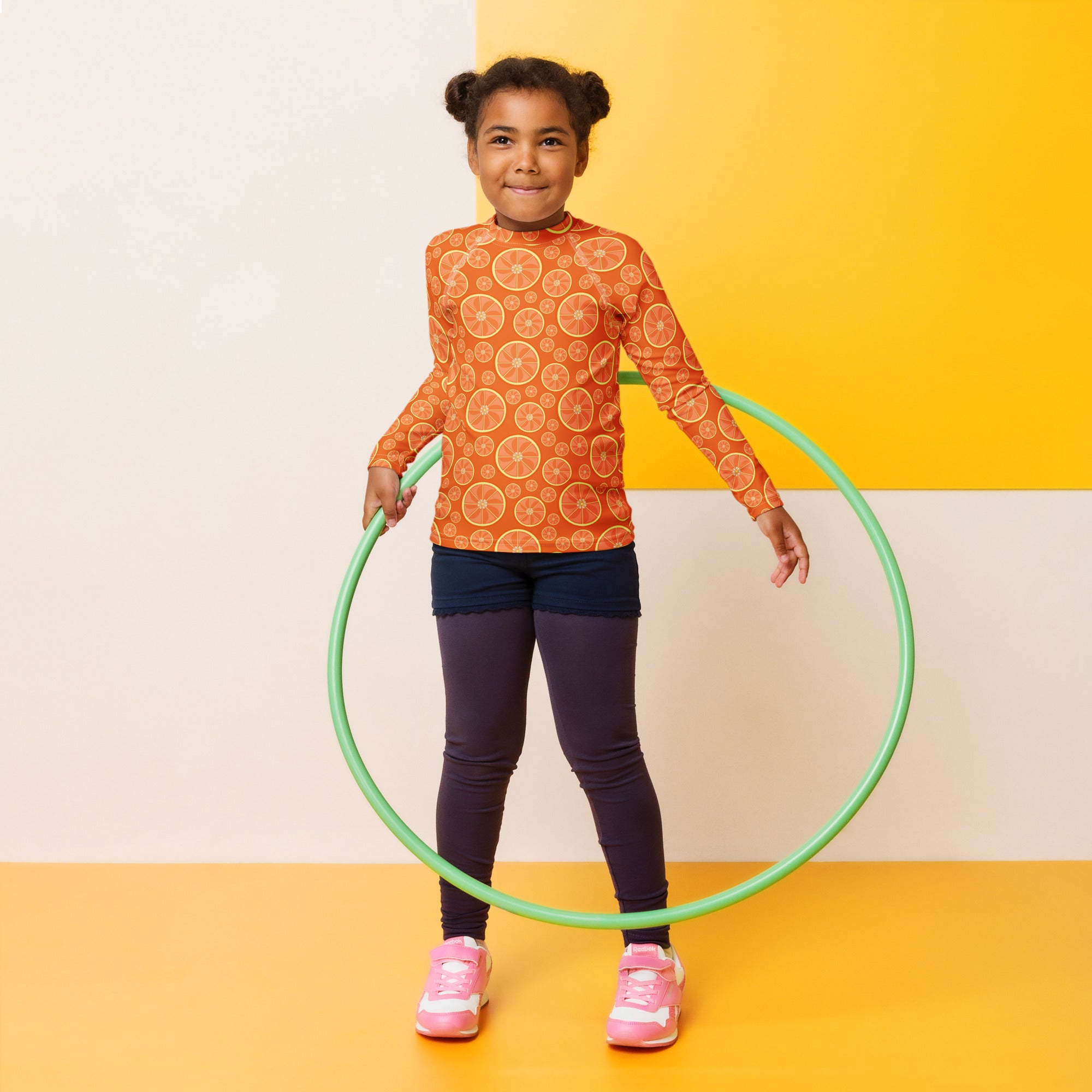 Kids Orange Citrus Long Sleeve Rash Guard Swim Shirt – Buttery Soft, Sun Safe UPF 50+ Protection, Quick Dry & 4-Way Stretch Comfort