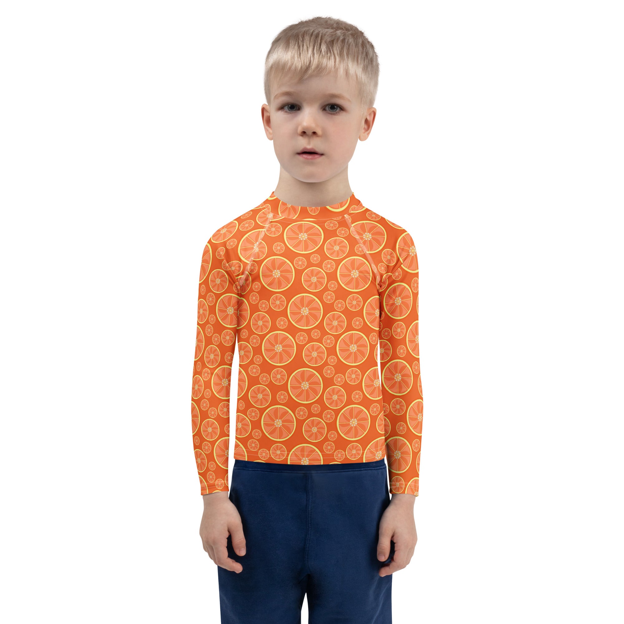 Kids Orange Citrus Long Sleeve Rash Guard Swim Shirt – Buttery Soft, Sun Safe UPF 50+ Protection, Quick Dry & 4-Way Stretch Comfort