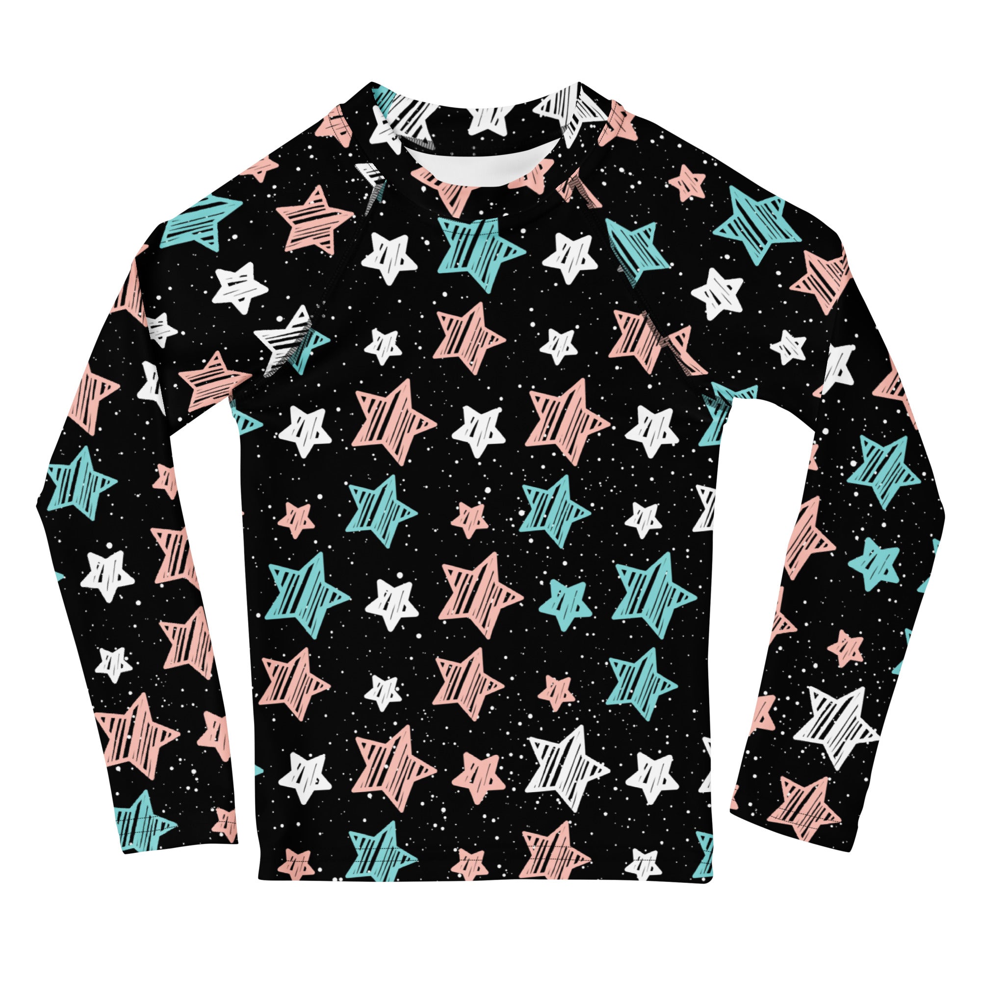 Girls Colorful Doodle Stars Stripe Long Sleeve Rash Guard Swim Shirt – Buttery Soft, Sun Safe UPF 50+ Protection, Quick Dry & 4-Way Stretch Comfort