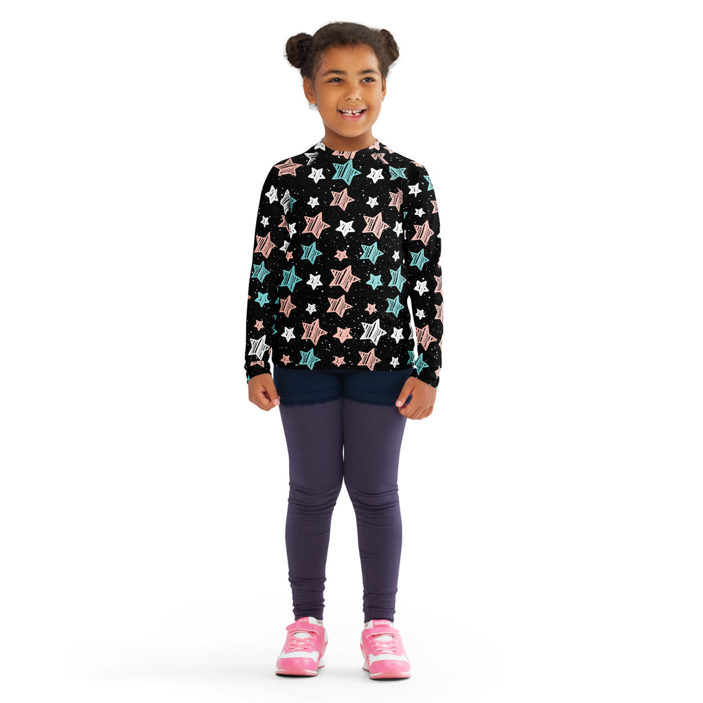 Girls Colorful Doodle Stars Stripe Long Sleeve Rash Guard Swim Shirt – Buttery Soft, Sun Safe UPF 50+ Protection, Quick Dry & 4-Way Stretch Comfort
