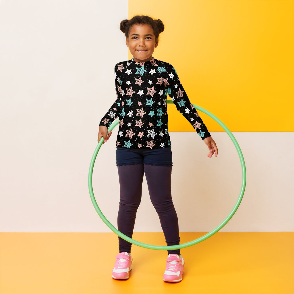 Girls Colorful Doodle Stars Stripe Long Sleeve Rash Guard Swim Shirt – Buttery Soft, Sun Safe UPF 50+ Protection, Quick Dry & 4-Way Stretch Comfort