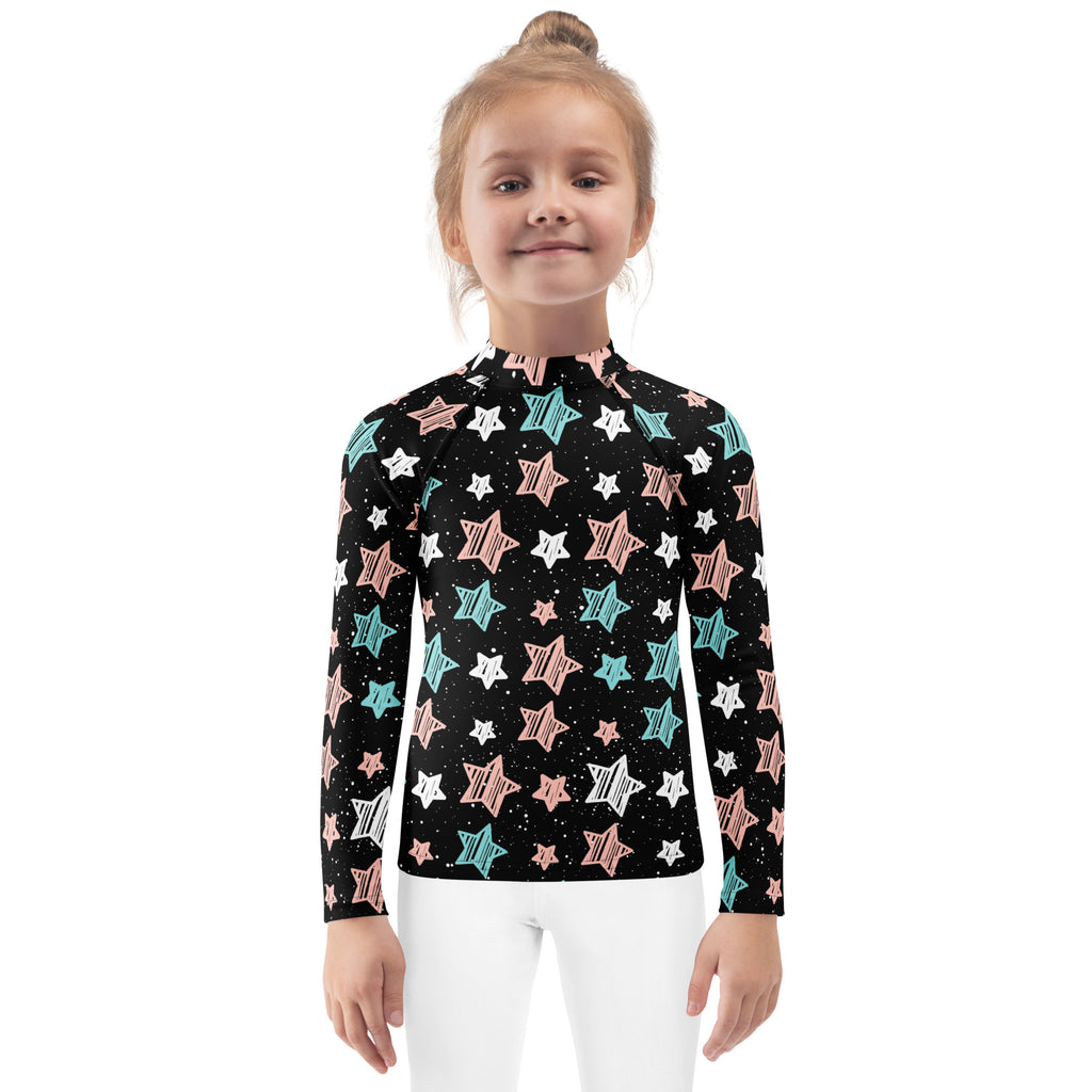 Girls Colorful Doodle Stars Stripe Long Sleeve Rash Guard Swim Shirt – Buttery Soft, Sun Safe UPF 50+ Protection, Quick Dry & 4-Way Stretch Comfort