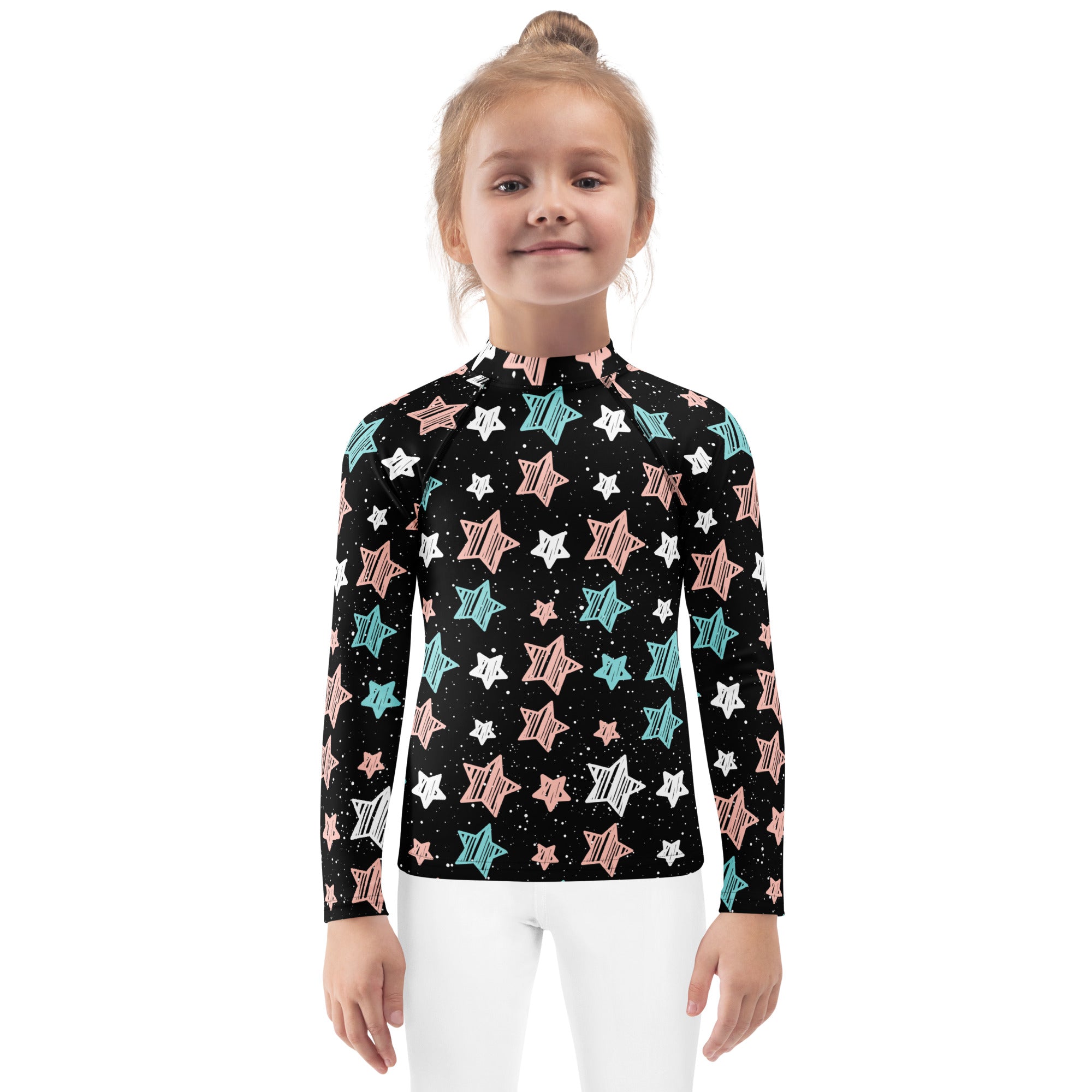 Girls Colorful Doodle Stars Stripe Long Sleeve Rash Guard Swim Shirt – Buttery Soft, Sun Safe UPF 50+ Protection, Quick Dry & 4-Way Stretch Comfort