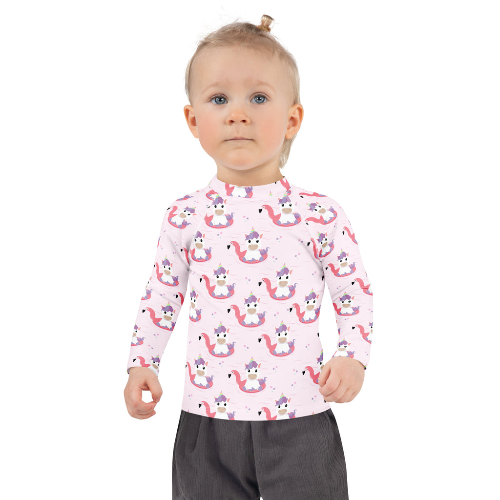 Girls Pink Unicorn Flamingo Long Sleeve Rash Guard Swim Shirt – Buttery Soft, Sun Safe UPF 50+ Protection, Quick Dry & 4-Way Stretch Comfort