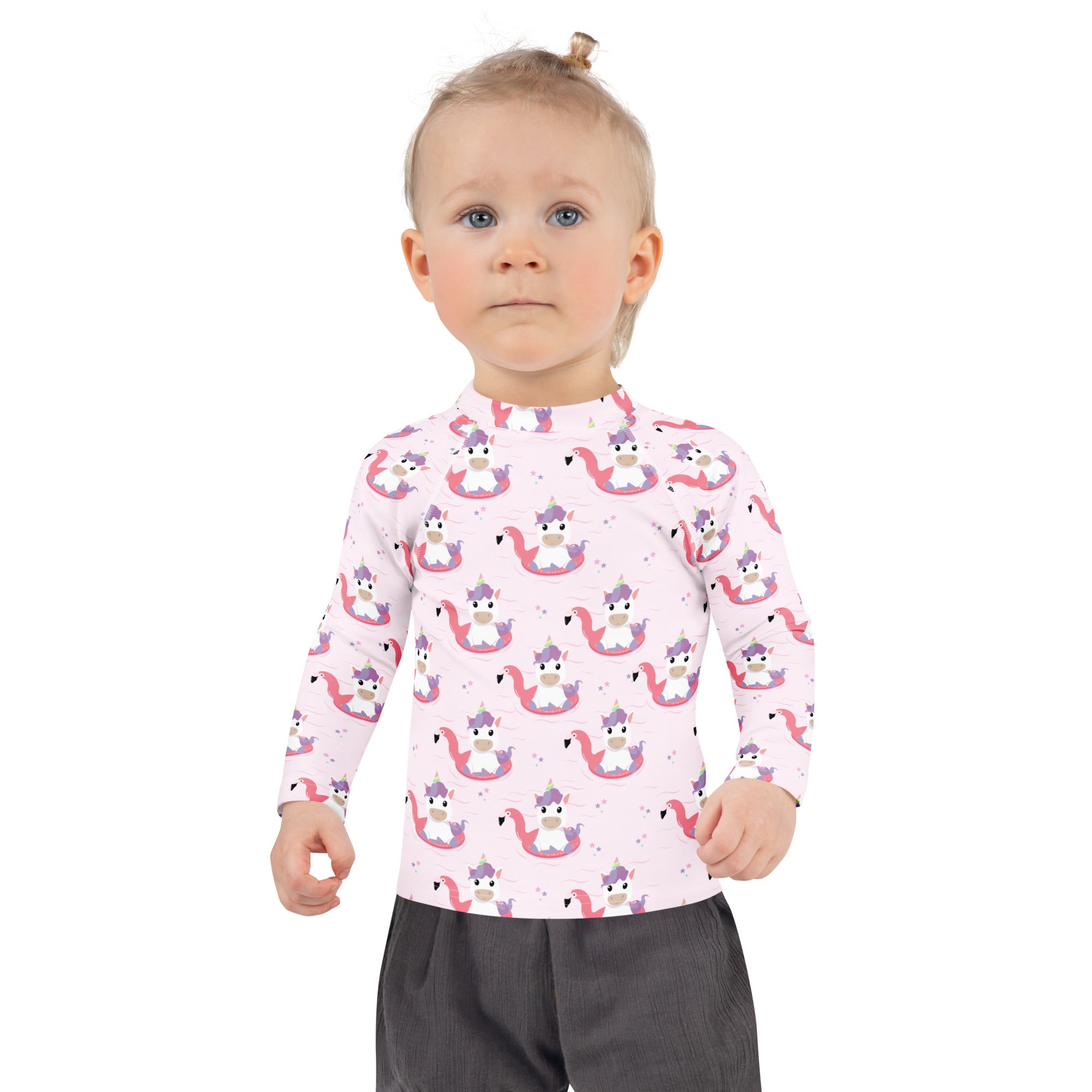 Girls Pink Unicorn Flamingo Long Sleeve Rash Guard Swim Shirt – Buttery Soft, Sun Safe UPF 50+ Protection, Quick Dry & 4-Way Stretch Comfort