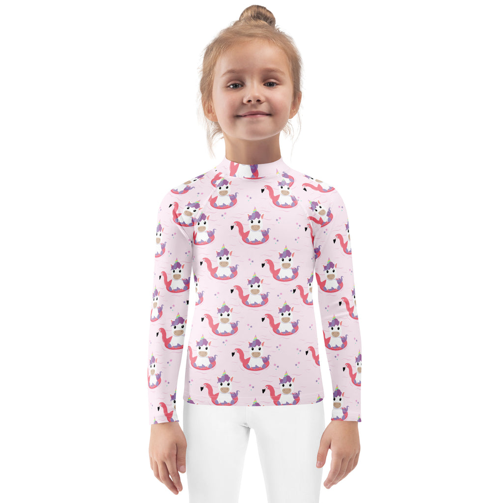 Girls Pink Unicorn Flamingo Long Sleeve Rash Guard Swim Shirt – Buttery Soft, Sun Safe UPF 50+ Protection, Quick Dry & 4-Way Stretch Comfort