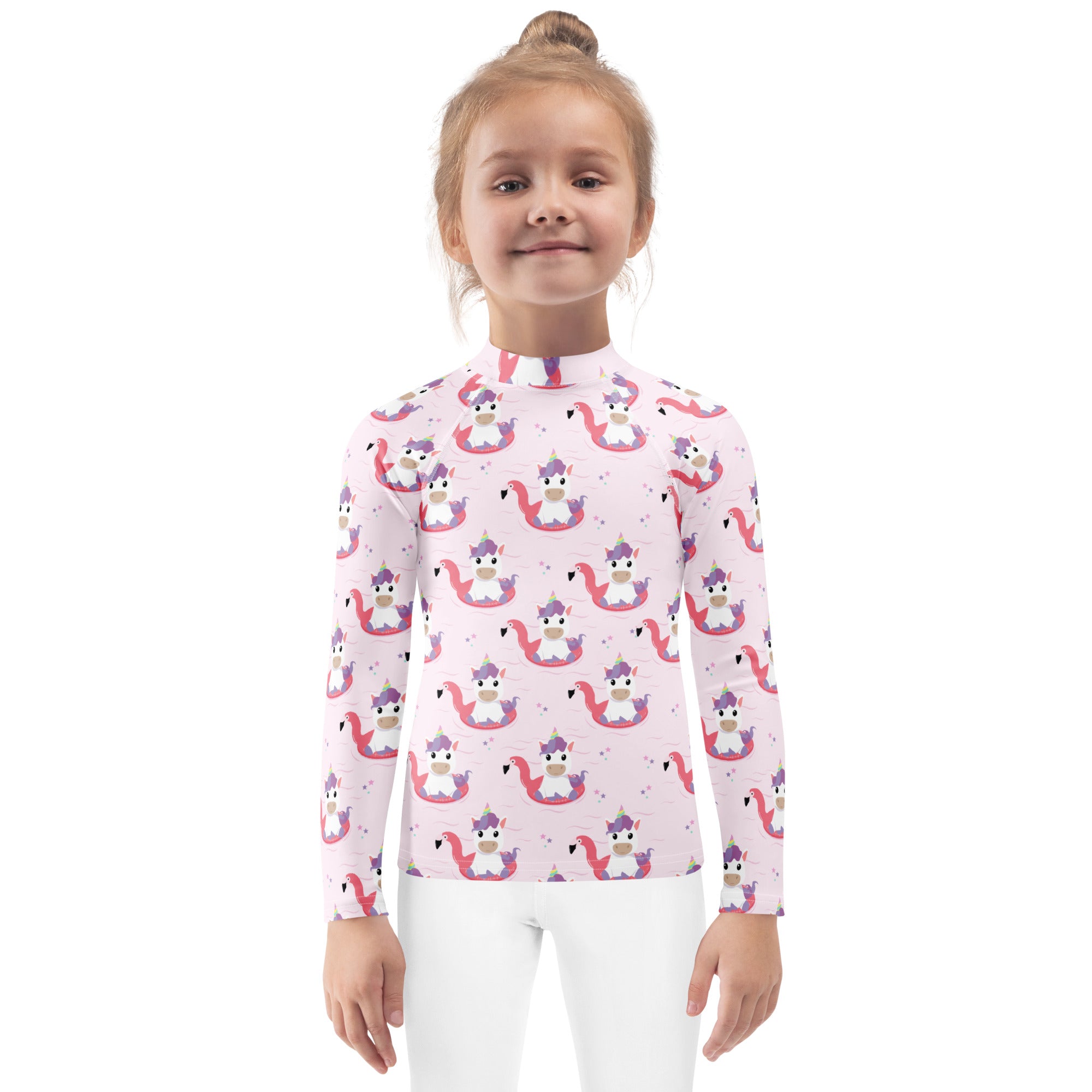 Girls Pink Unicorn Flamingo Long Sleeve Rash Guard Swim Shirt – Buttery Soft, Sun Safe UPF 50+ Protection, Quick Dry & 4-Way Stretch Comfort