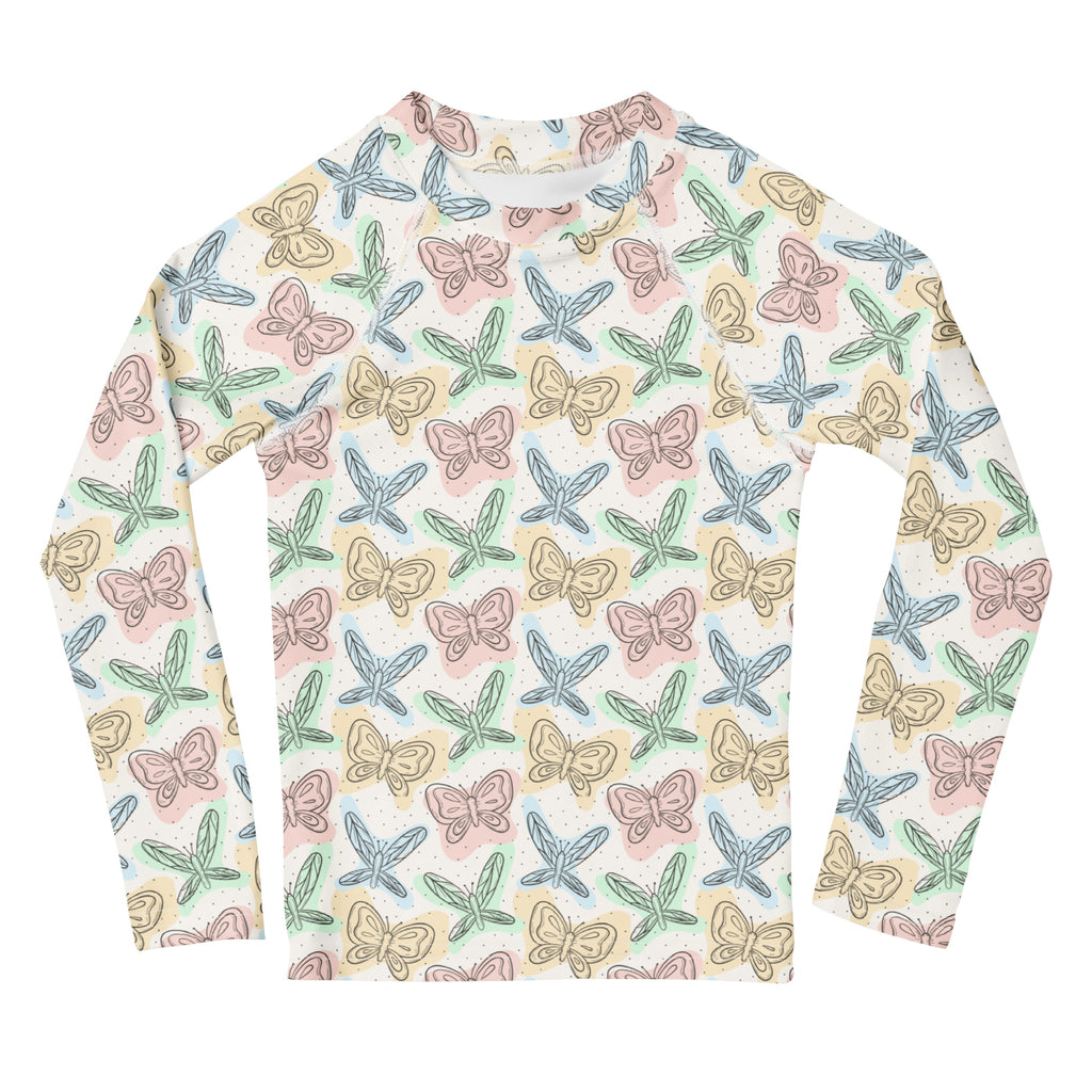 Girls Pastel Butterfly Long Sleeve Rash Guard Swim Shirt – Buttery Soft, Sun Safe UPF 50+ Protection, Quick Dry & 4-Way Stretch Comfort