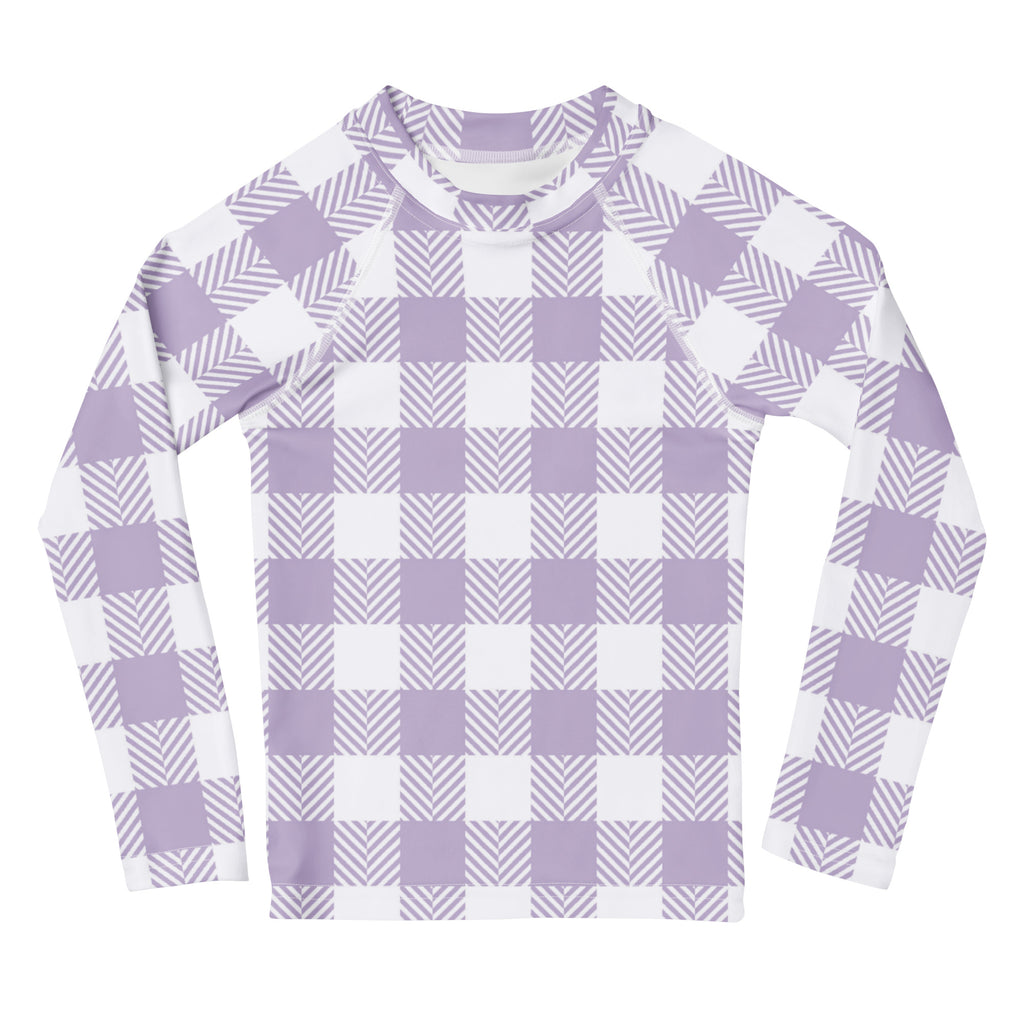 Girls Lavender Gingham Long Sleeve Rash Guard Swim Shirt – Buttery Soft, Sun Safe UPF 50+ Protection, Quick Dry & 4-Way Stretch Comfort