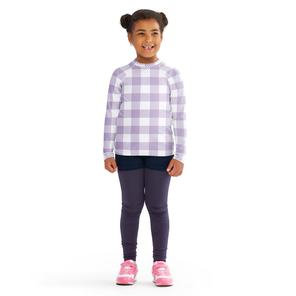 Girls Lavender Gingham Long Sleeve Rash Guard Swim Shirt – Buttery Soft, Sun Safe UPF 50+ Protection, Quick Dry & 4-Way Stretch Comfort